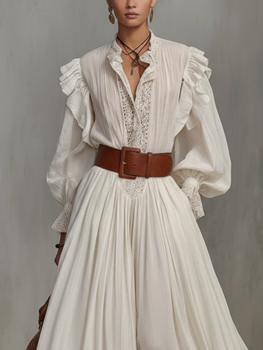 Ivory Linen Blend Maxi Dress With Lace Hem