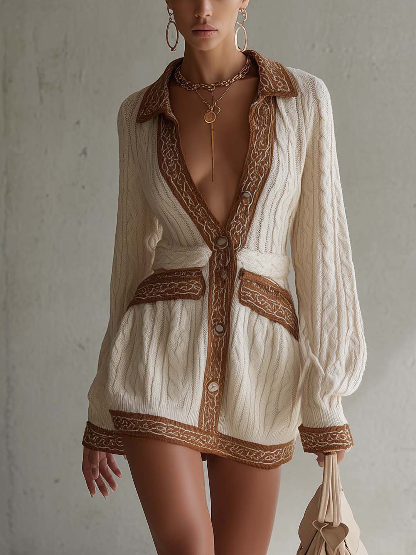 Cream Cable Knit Mini Dress With Vintage Trim And Contrast Edging