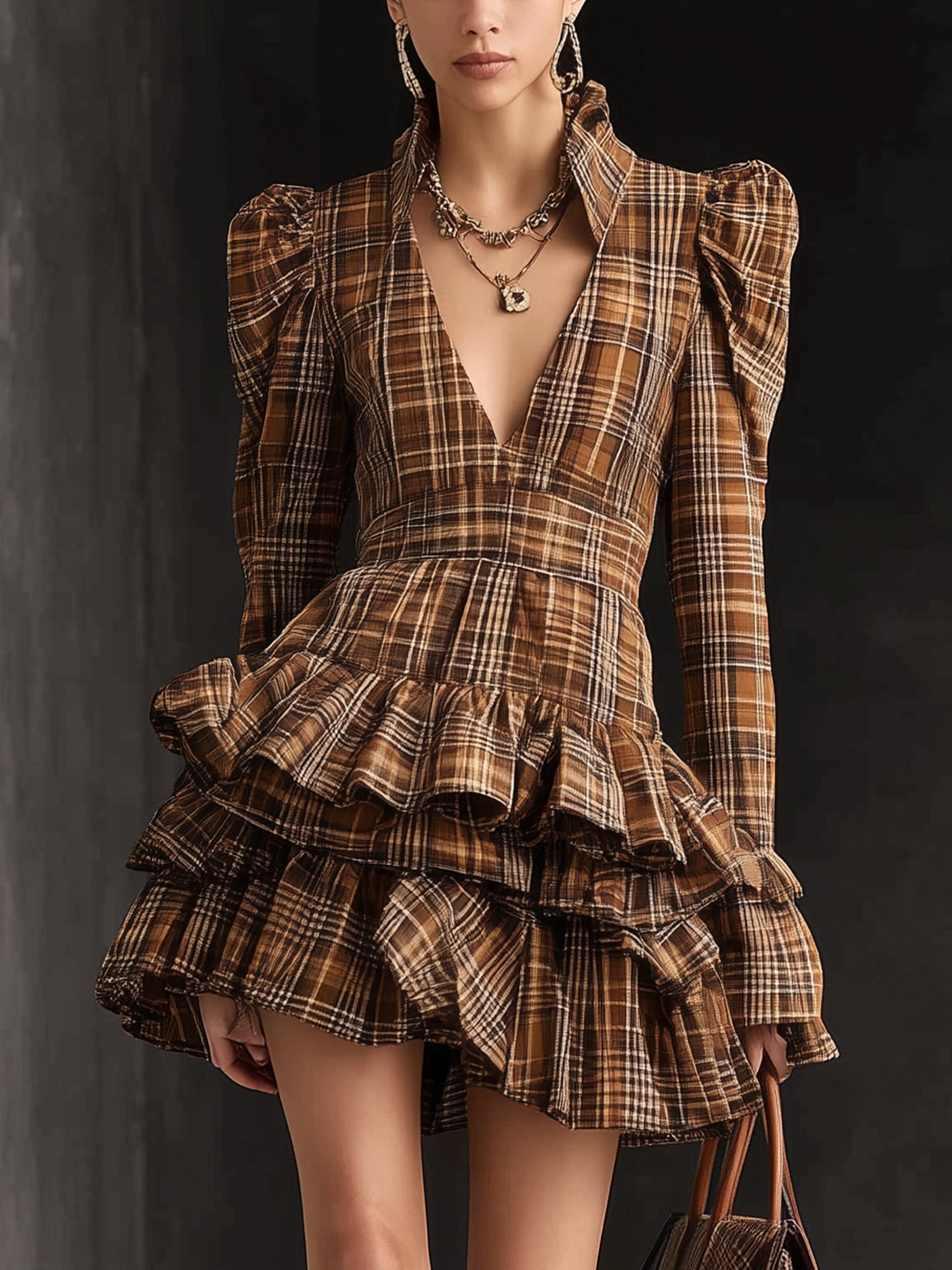 Brown Vintage Plaid Ruffled V-Neck Long Sleeve Mini Dress