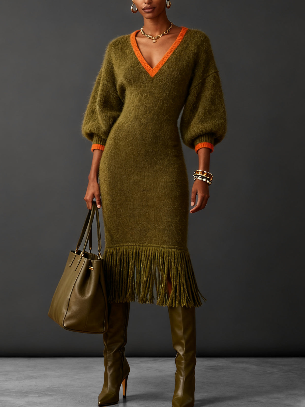 Olive Fuzzy Knit Midi Dress With Orange Trim And Fringe Hem