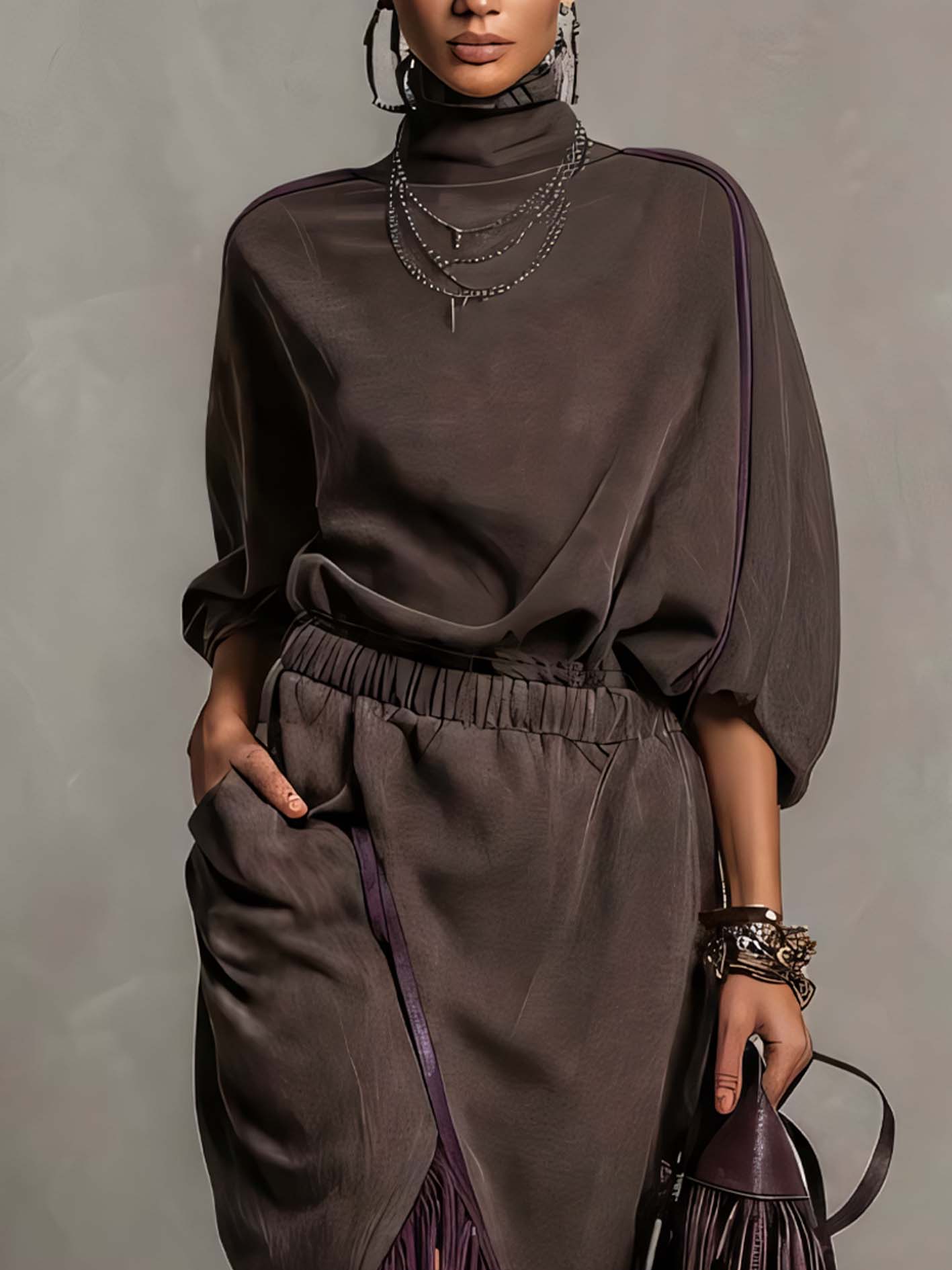 Dark Coffee Faux Suede Midi Dress With Purple Fringe Trim
