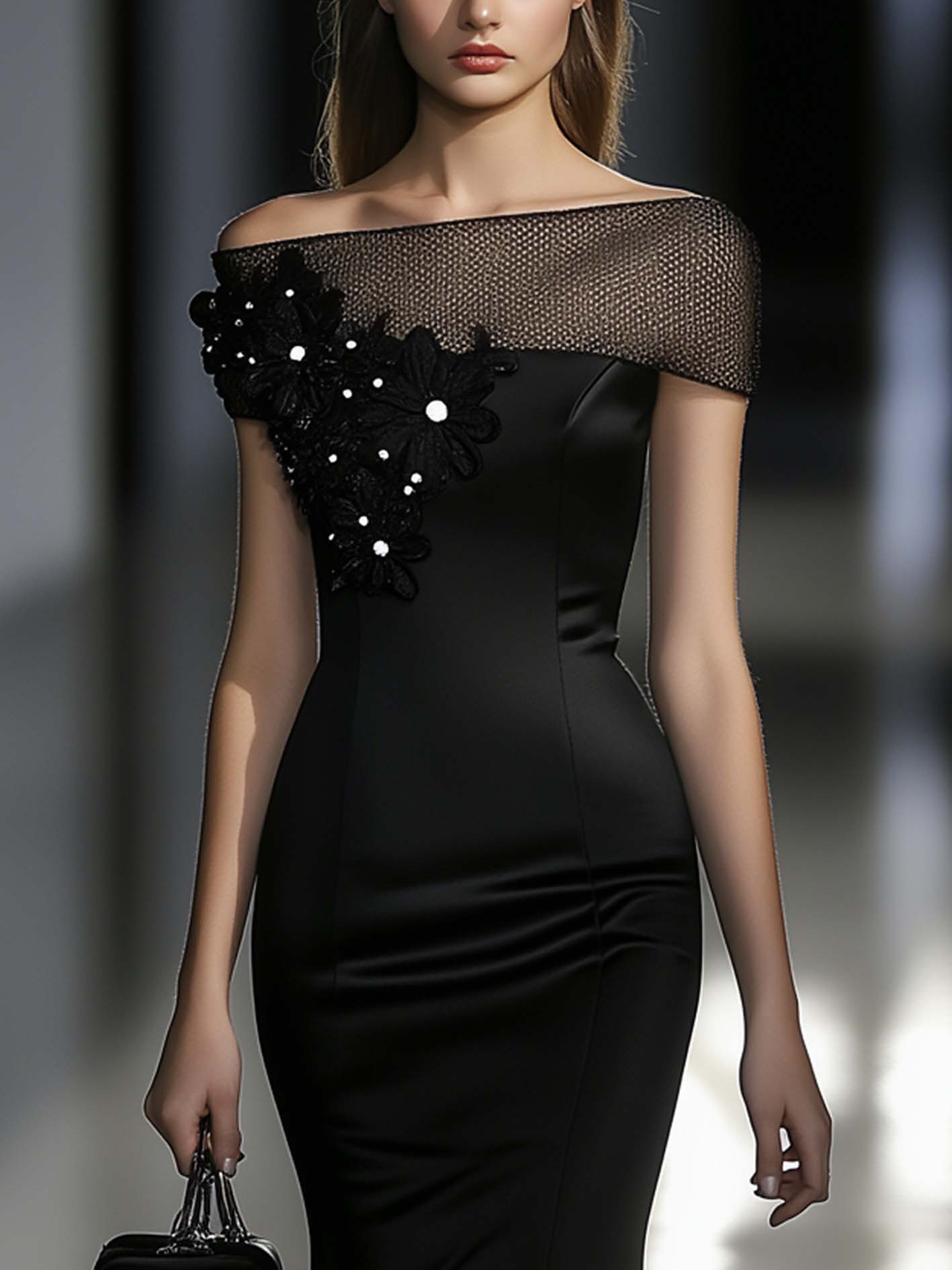 Black Satin Midi Bodycon Dress With Mesh Stitching And 3D Flowers