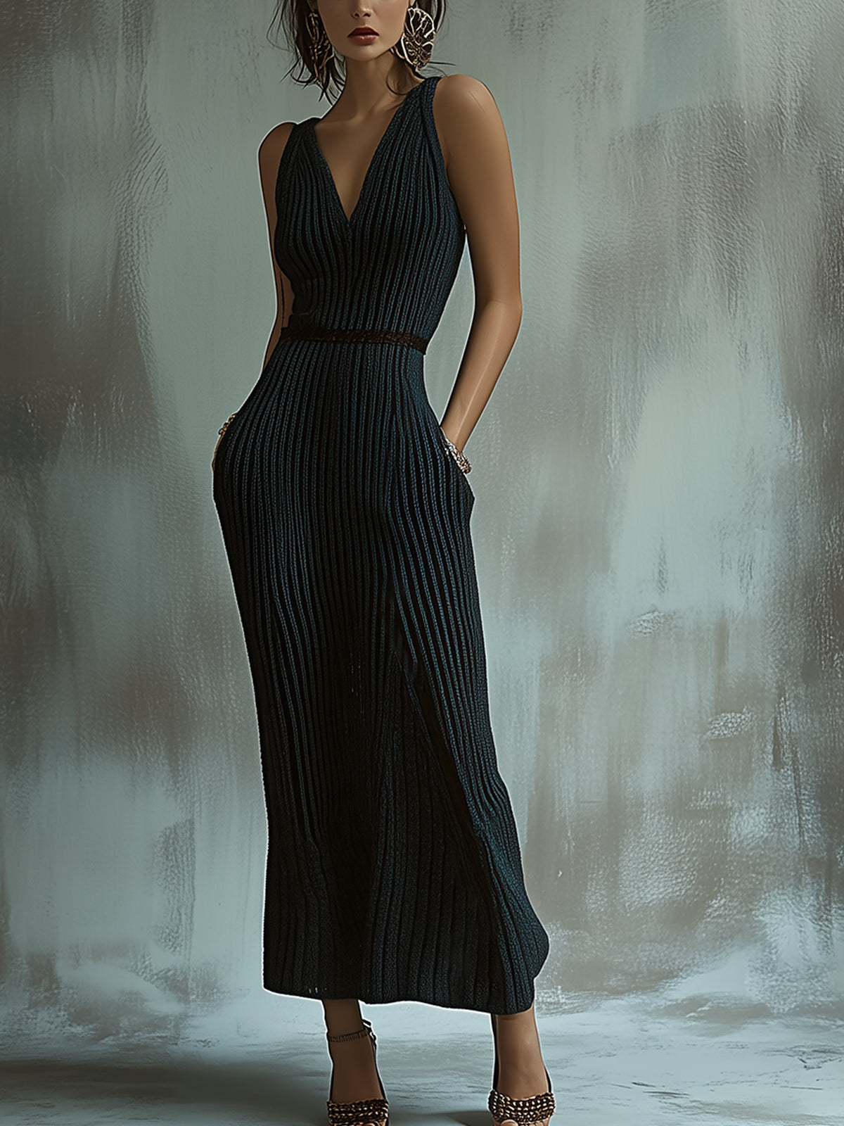 Ribbed Knitted Maxi Dress and White Sleeves Set