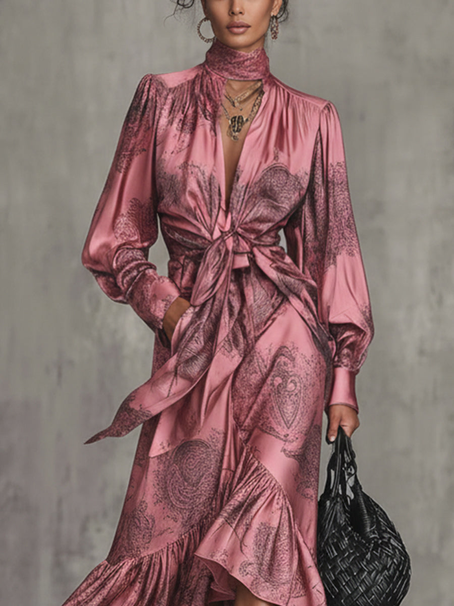 Pink Satin Printed Tie Front Ruffle Maxi Dress