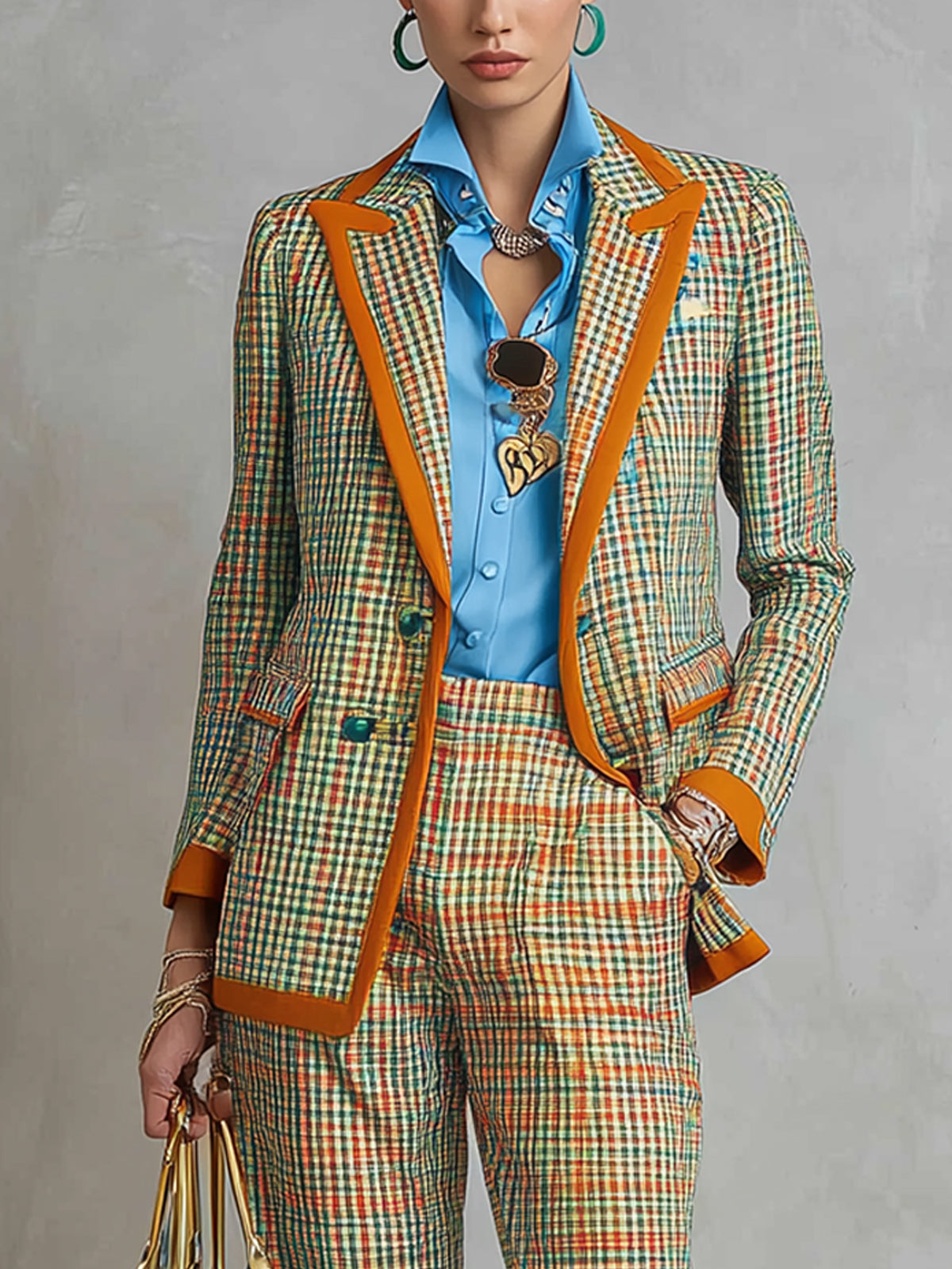 Citrus Check Double Breasted Suit With Orange Collar