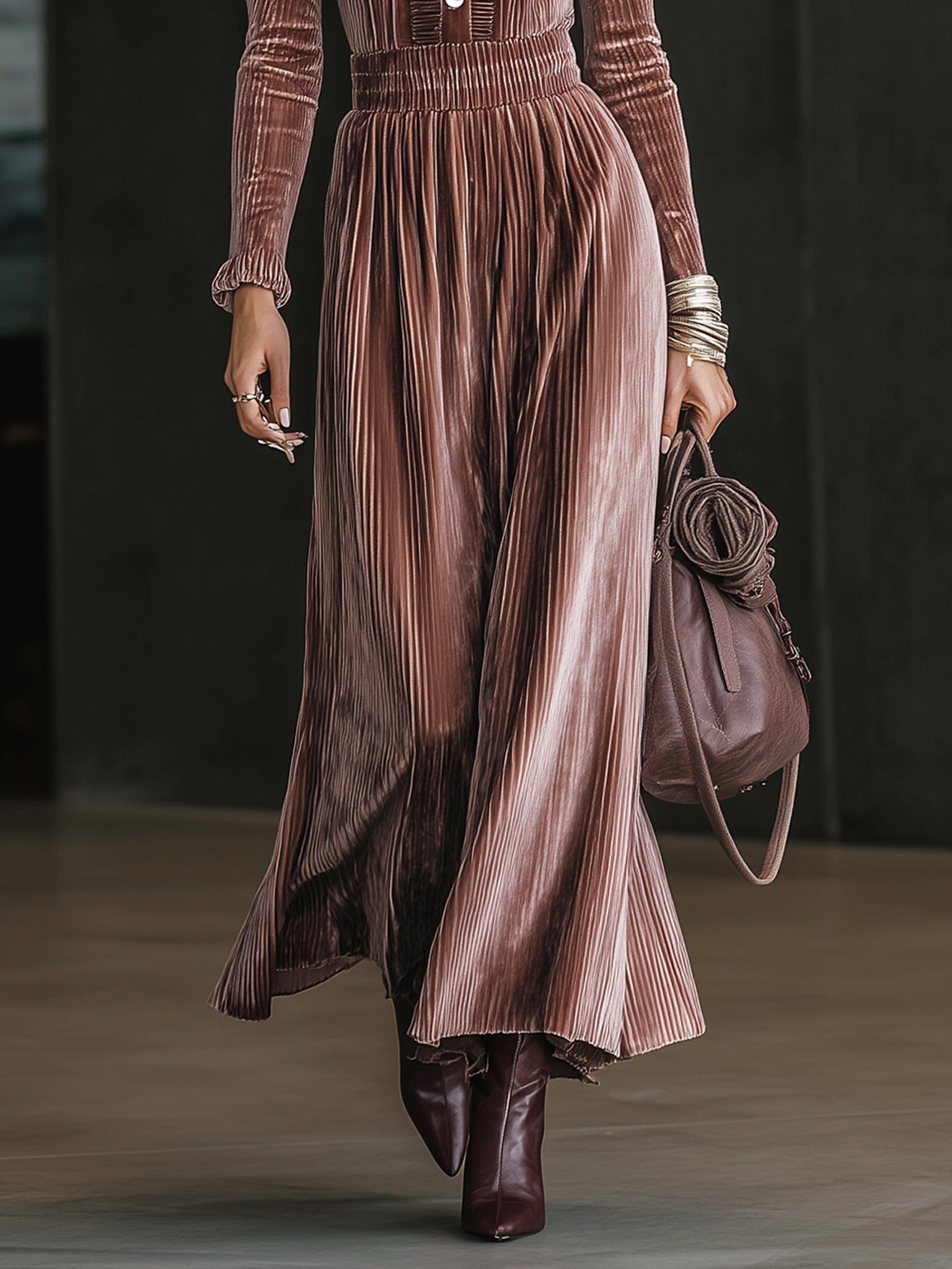 Pink Pleated Velvet Puff Sleeve  Maxi Dress