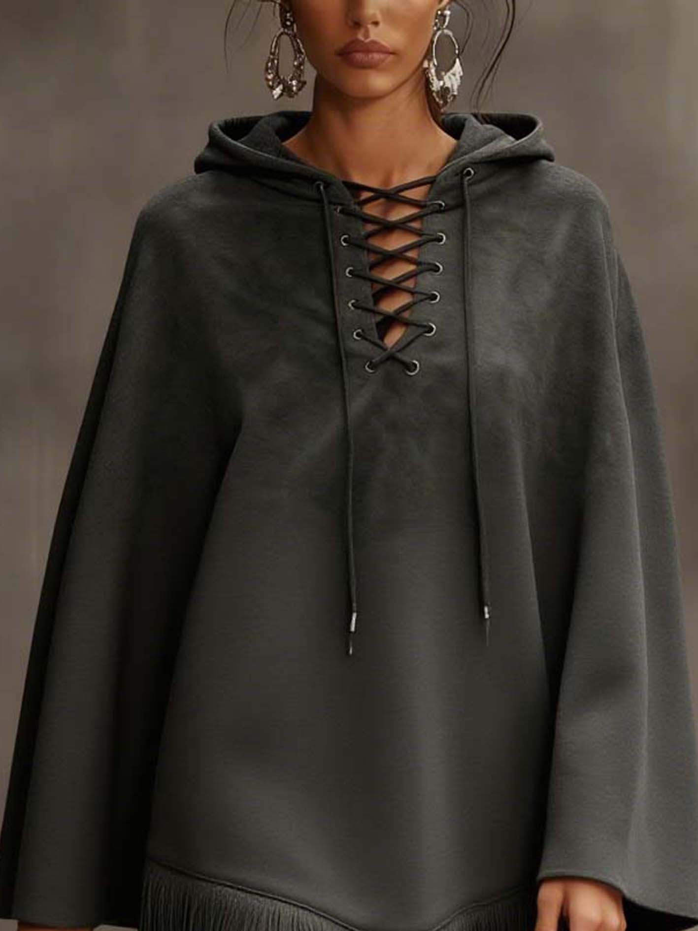 Hooded Charcoal Gray Faux Suede Mini Dress With Tassels
