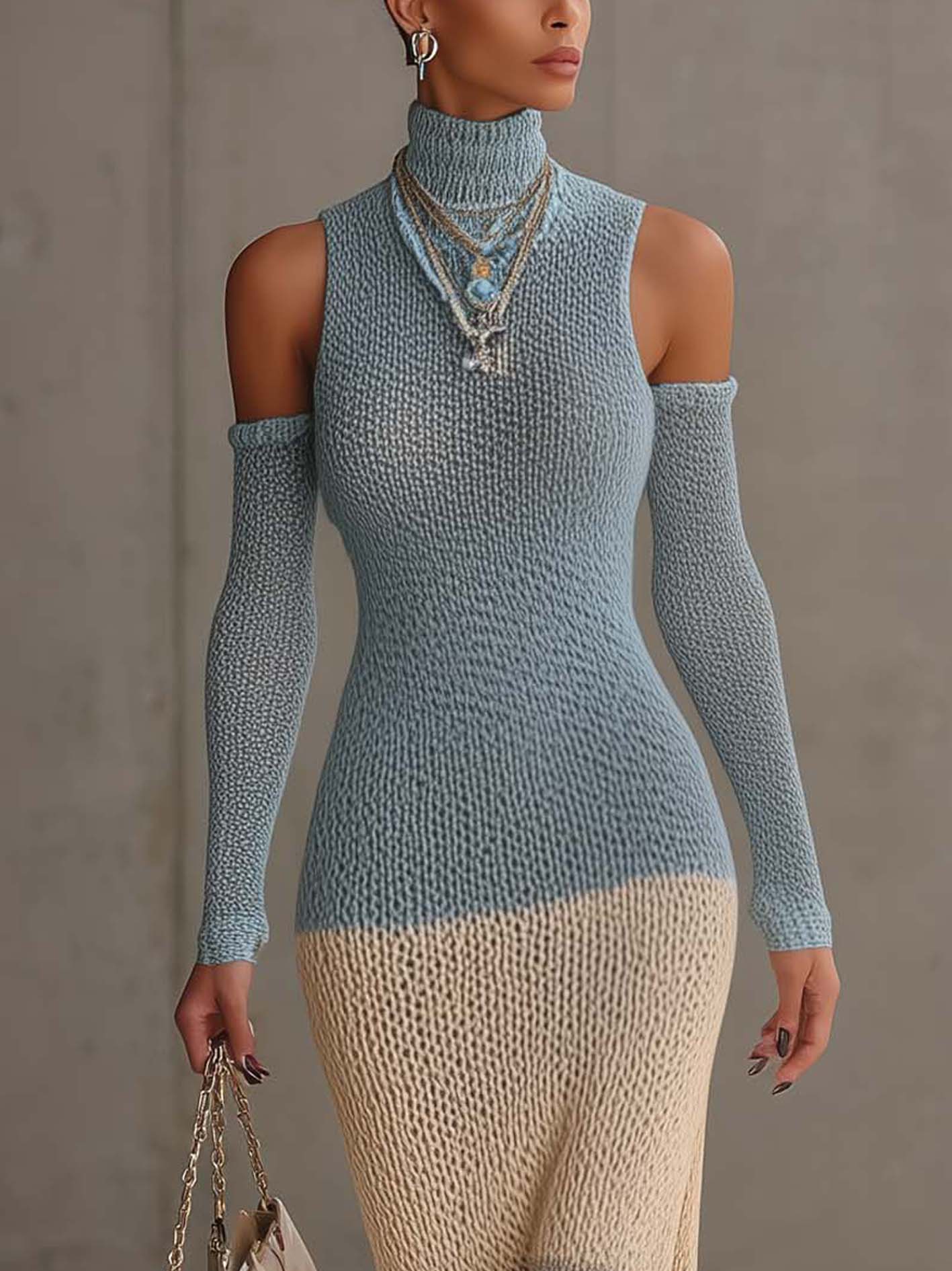 Light Blue Colorblock Cold Shoulder Bodycon Knit Dress