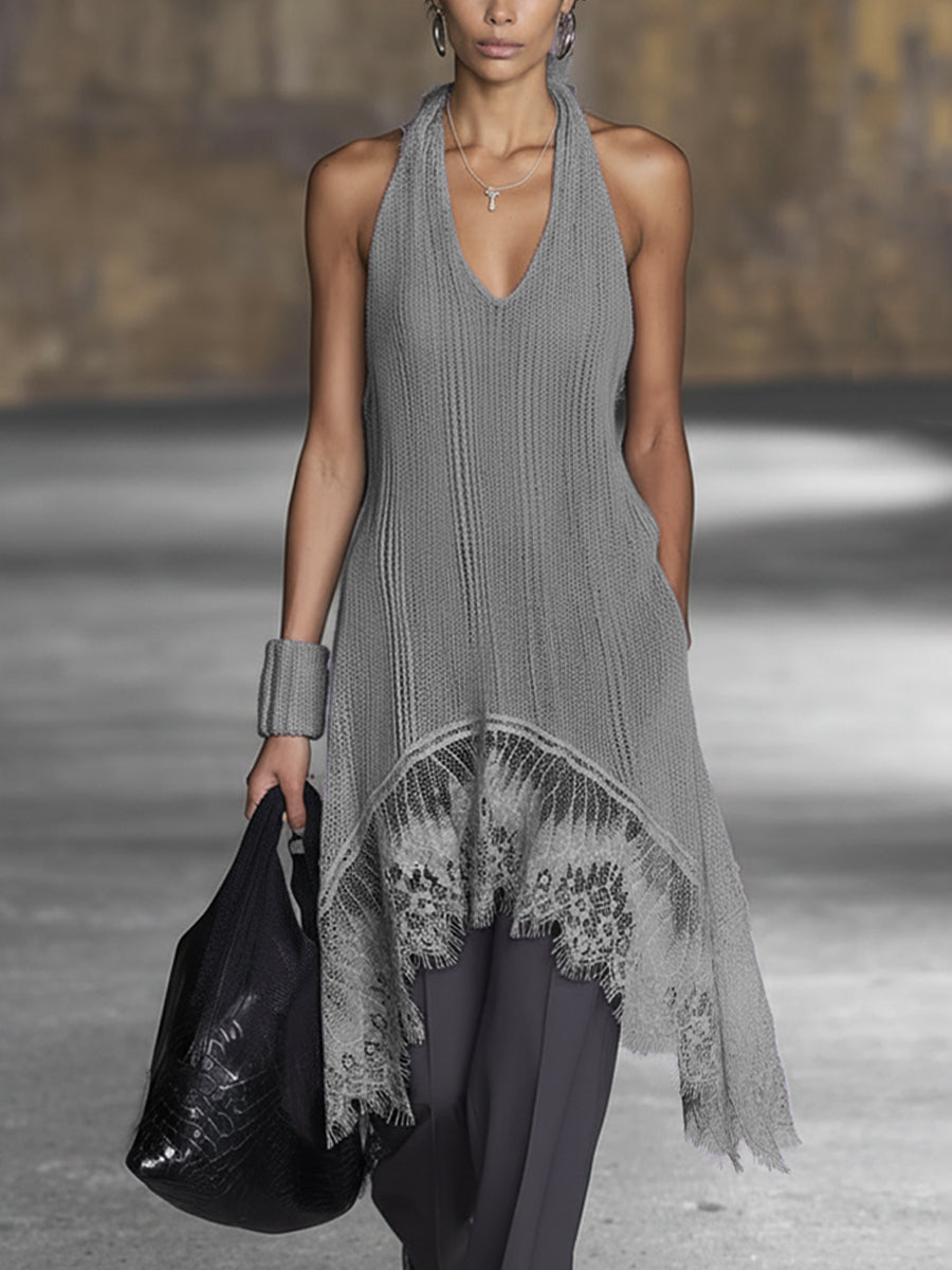 Gray Knit V-Neck Lace Hem Mini Dress