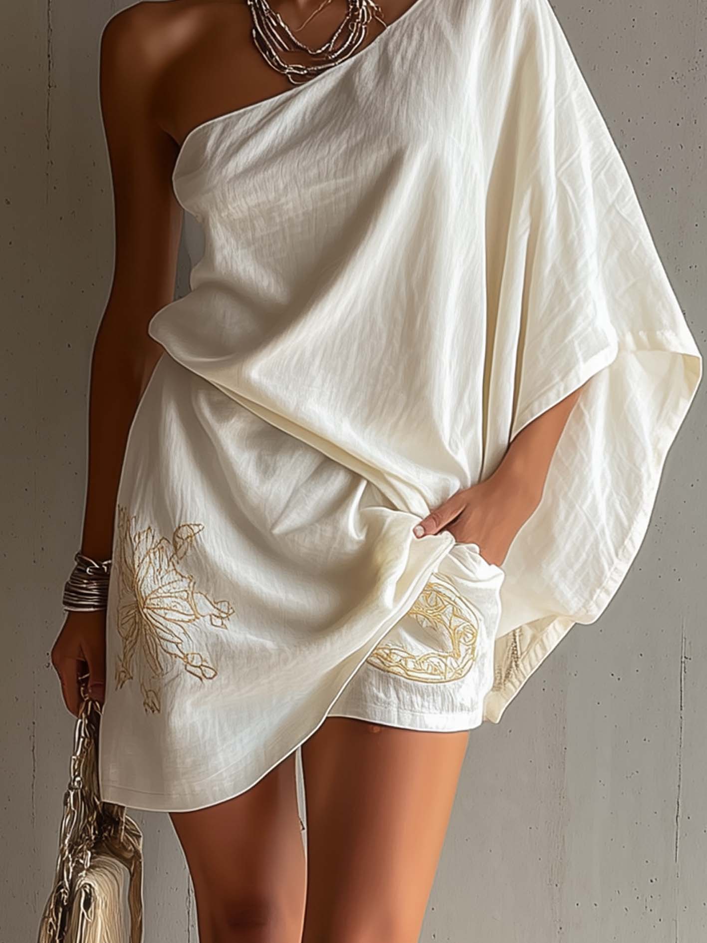 White Embroidered One Shoulder Linen Cotton Mini Romper Dress