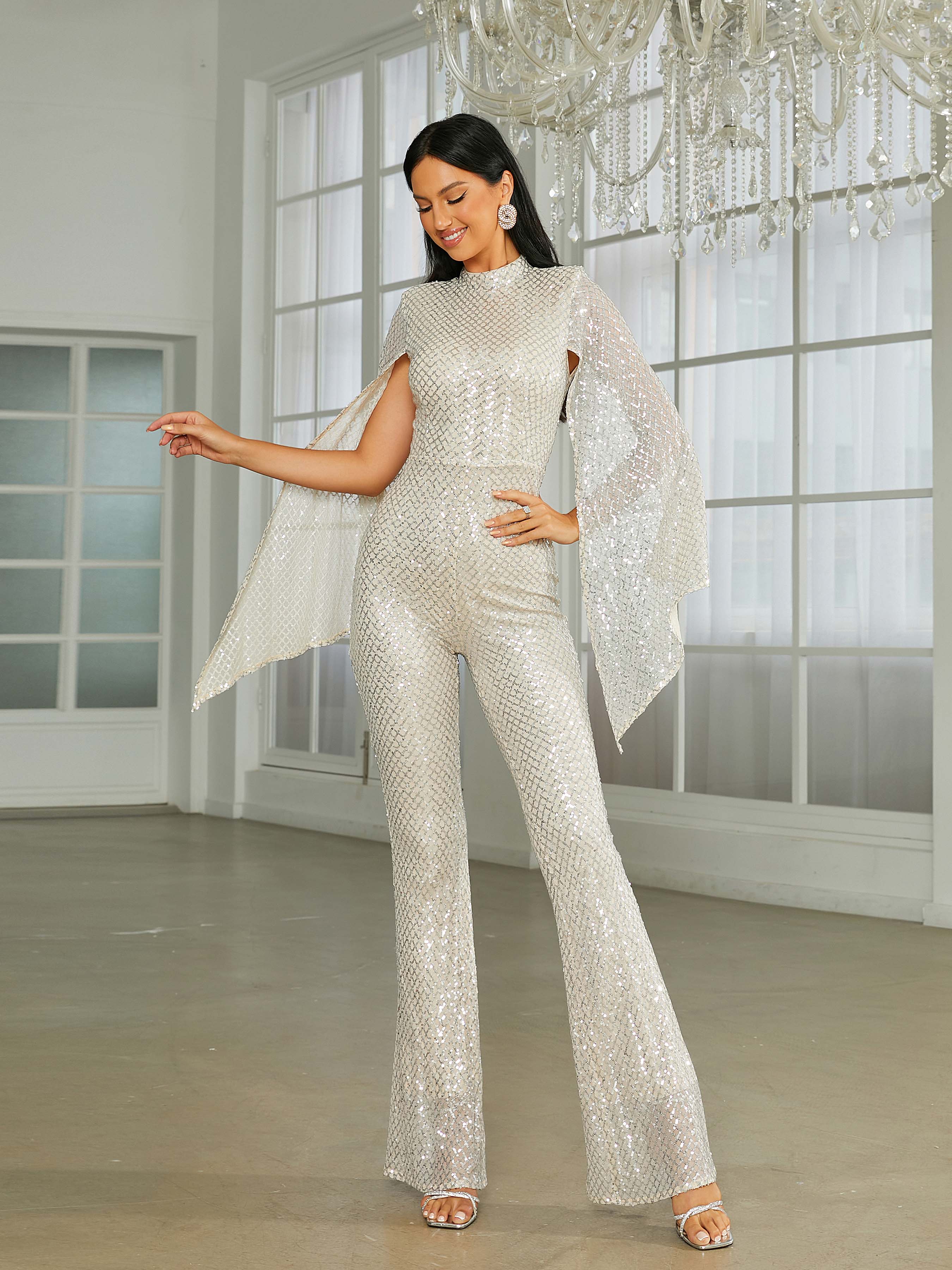 Stand Collar Cape Sleeve Sequin Jumpsuits