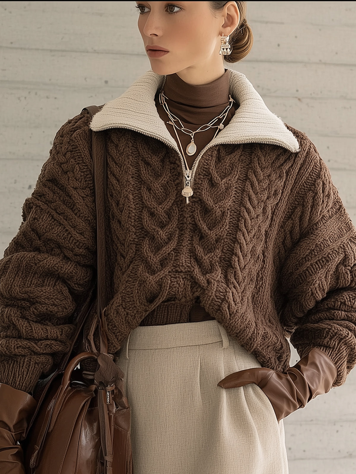 Chocolate Cable Knit Half Zip Sweater