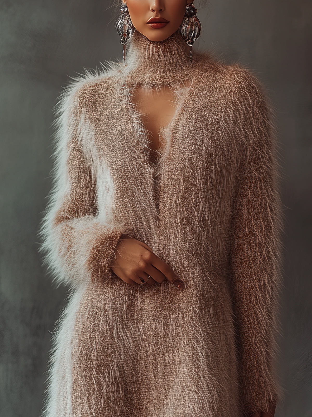 Pink Fuzzy Knit Dress With High Collar And Fluffy Texture