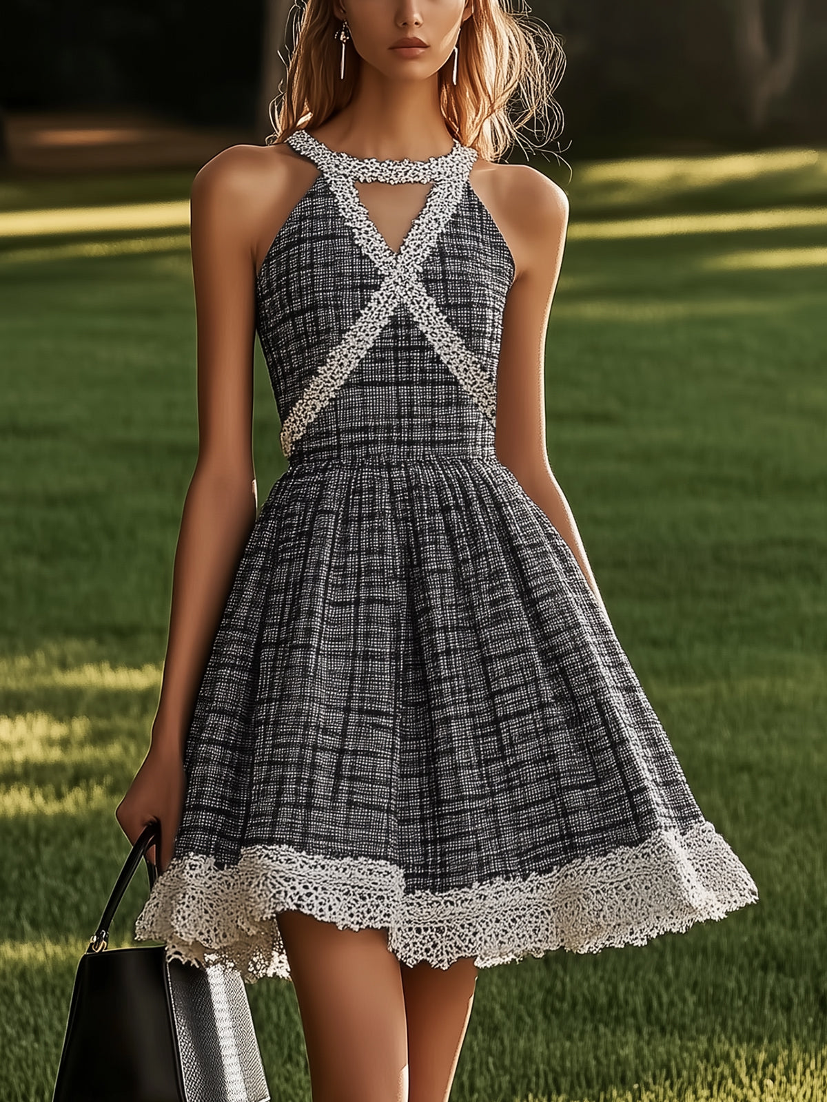 Plaid Print Dress With Hollow-Out Neckline And Lace Hem
