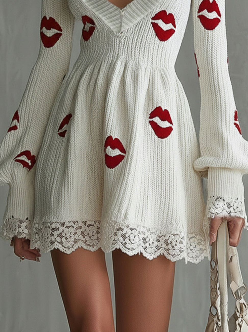 White Knit Lace-Trim Mini Dress With Red Lip