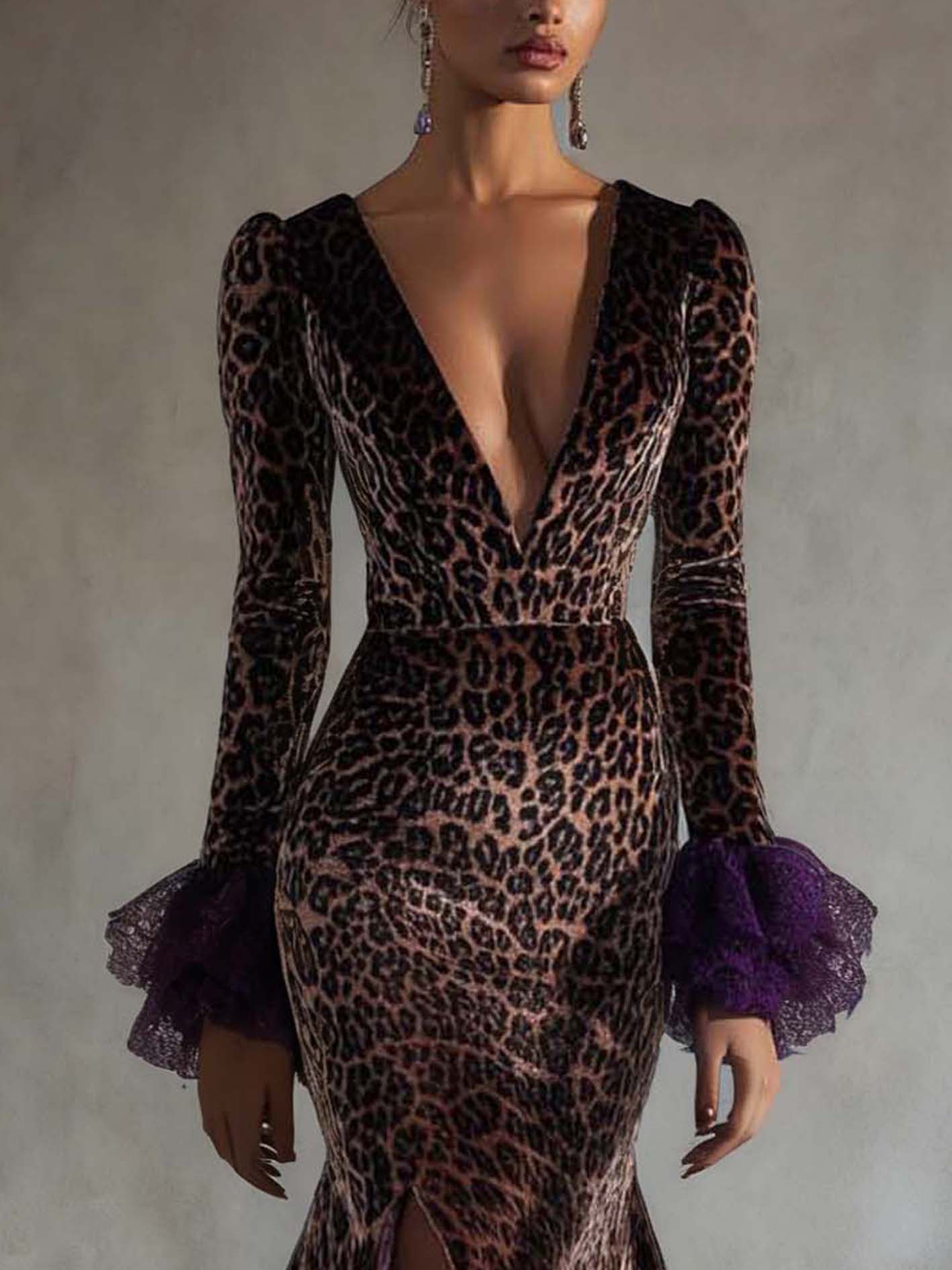 Brown Velvet Bodycon Dress With Purple Lace Ruffles