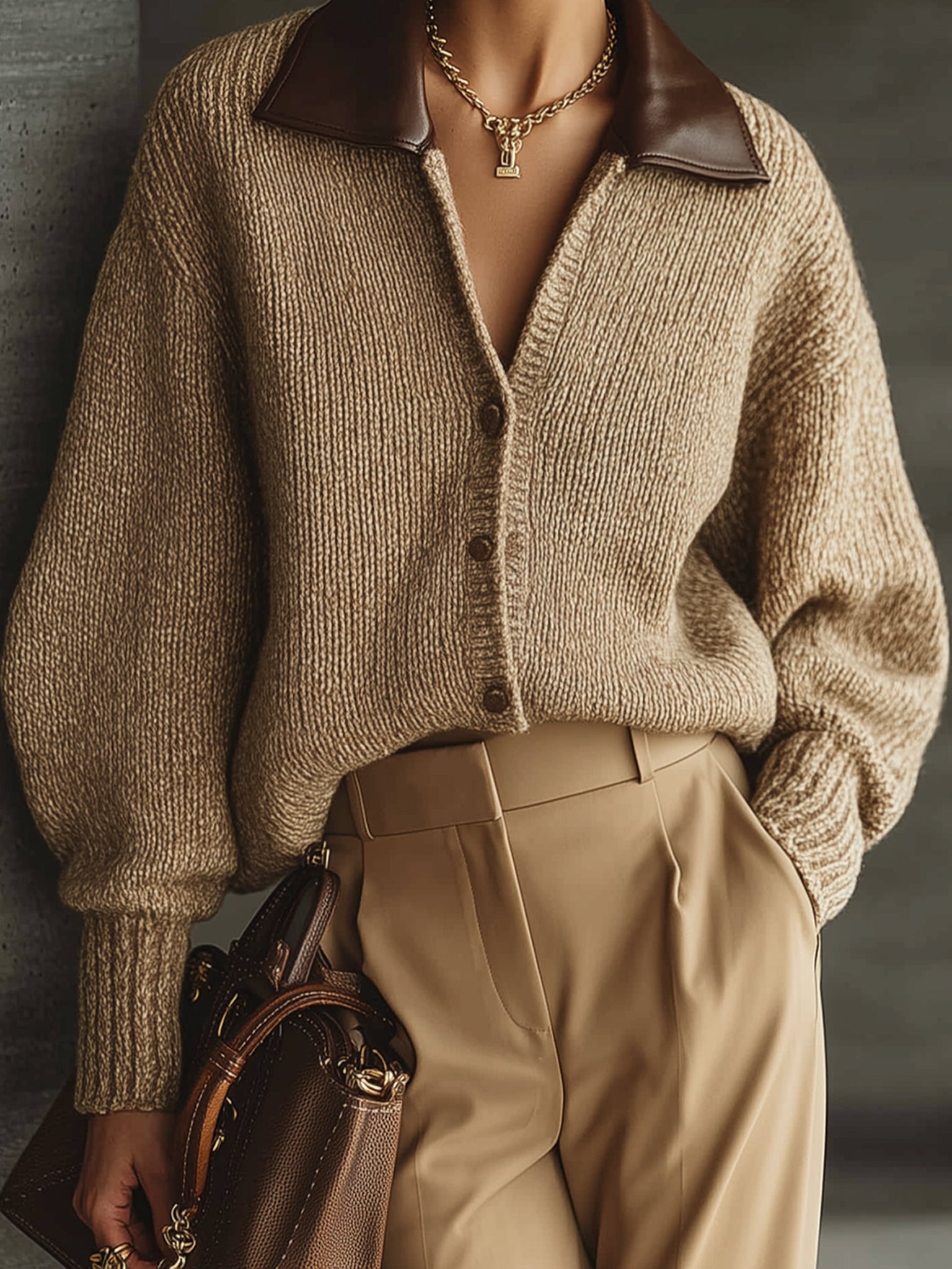 Camel Knit Cardigan With Faux Leather Collar