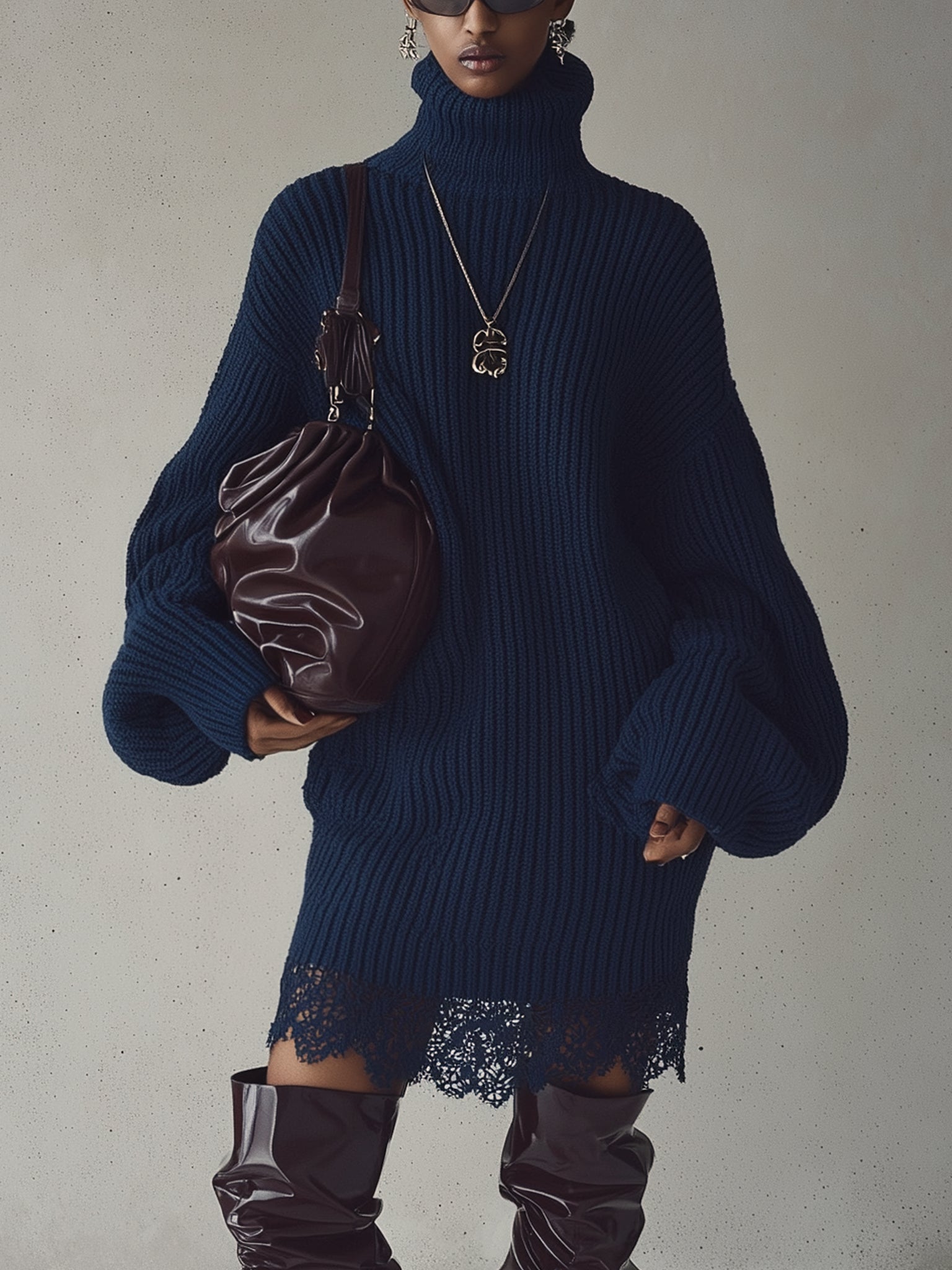 Navy Turtleneck Ribbed Knit Mini Dress With Lace Hem