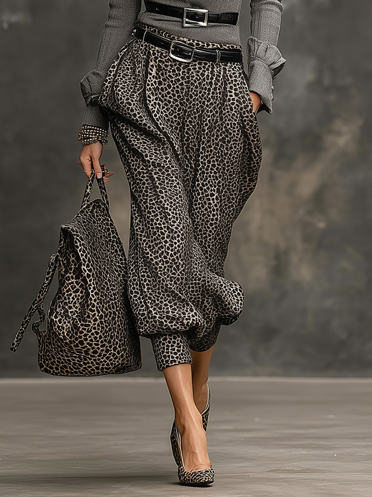 Ruffled Charcoal Blouse And Leopard Print Harem Pants Set
