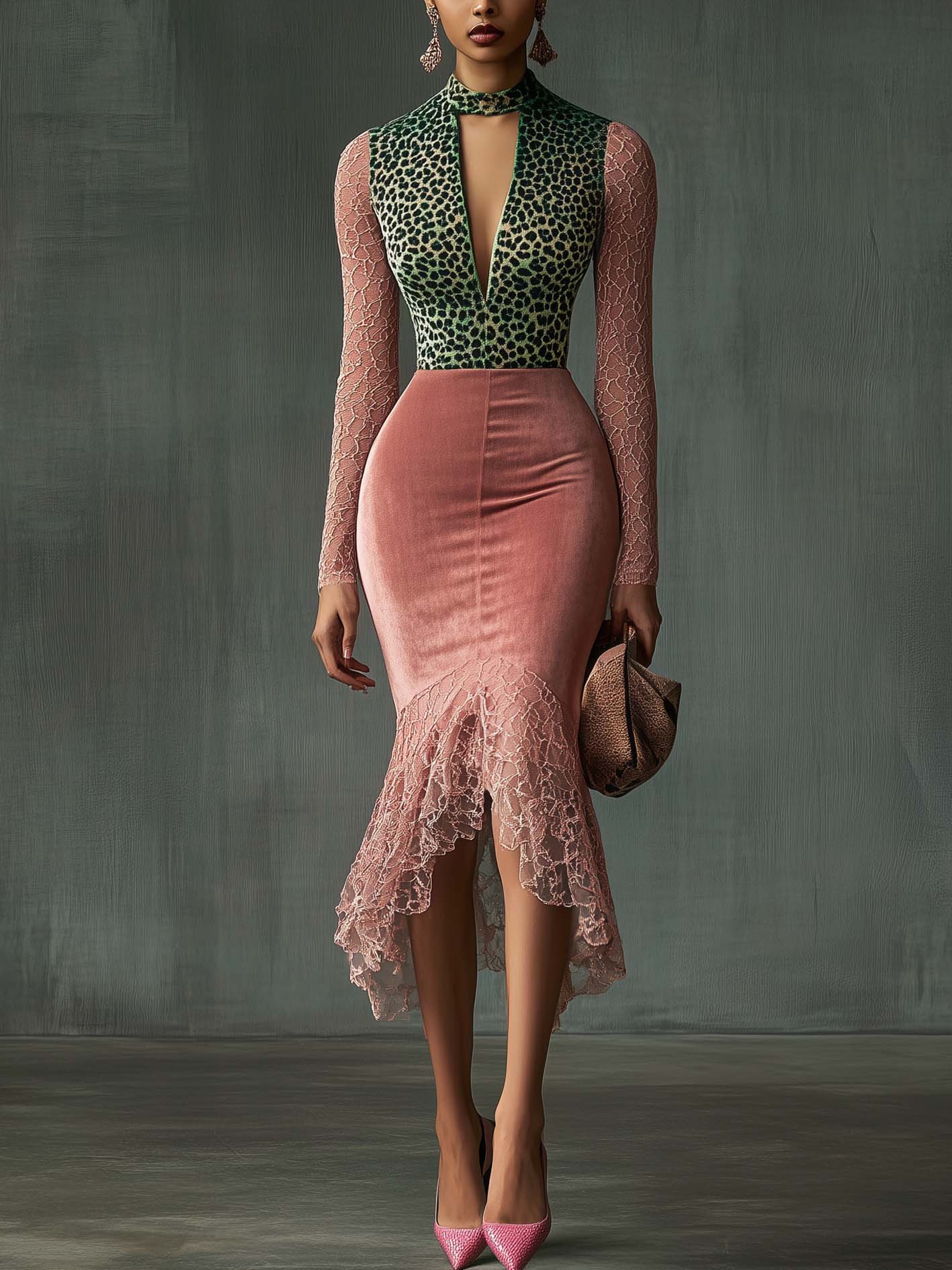 Pink Velvet Midi Bodycon Dress With Lace And Green Leopard Print