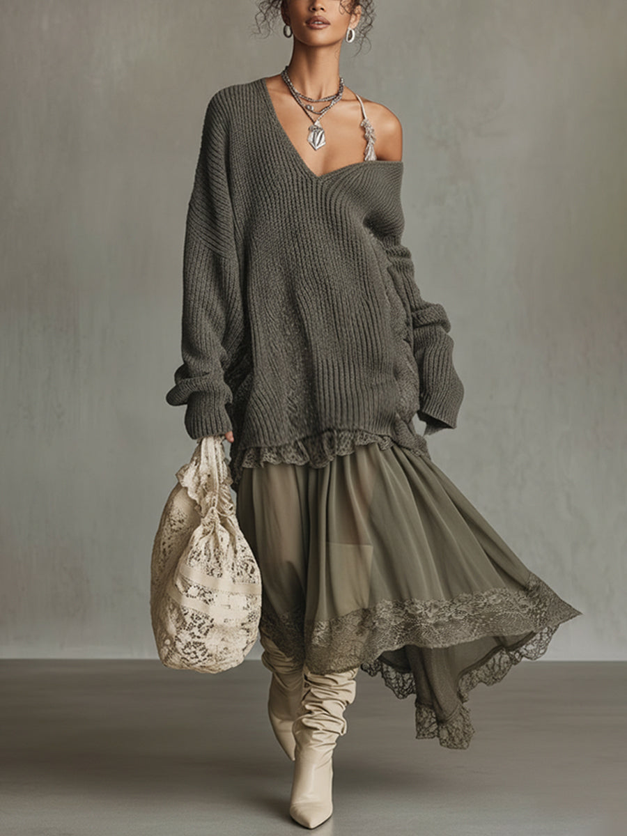 Gray Deep V-Neck Loose Knit Chiffon Hem Maxi Dress