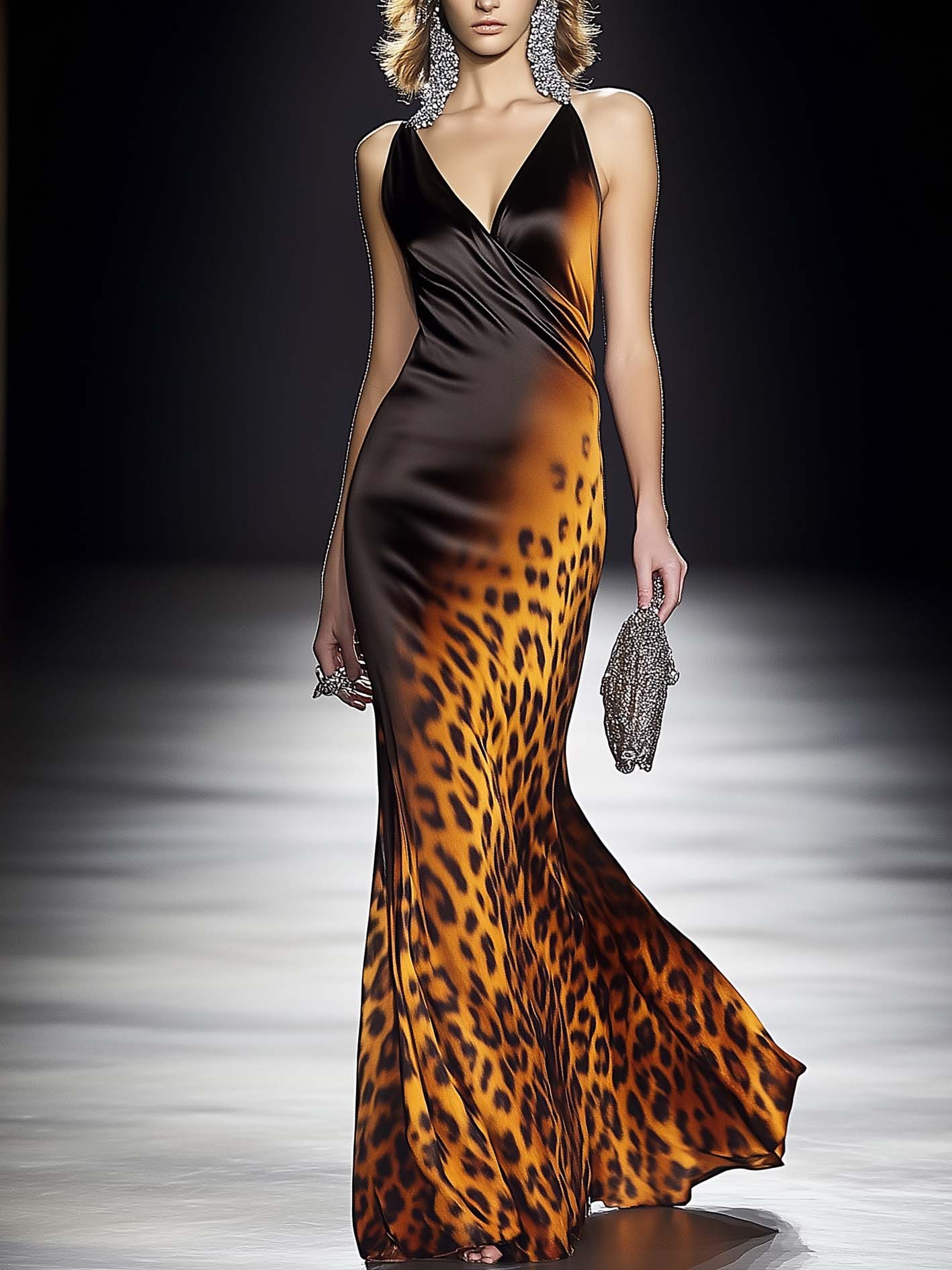 Black Satin Maxi Bodycon Dress With Gradient Orange Leopard Print