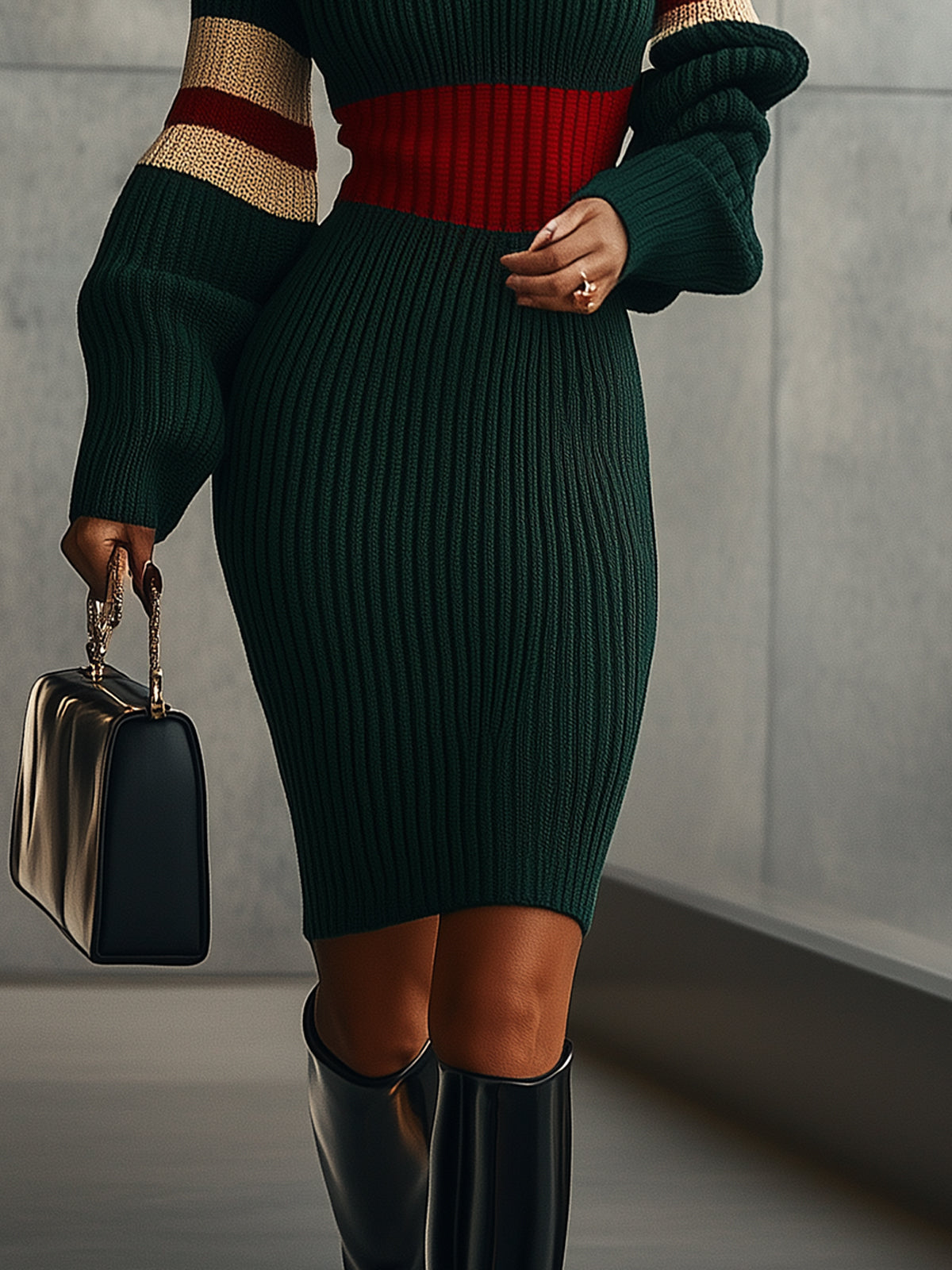 Green Chic Ribbed Turtleneck Knit Midi Dress