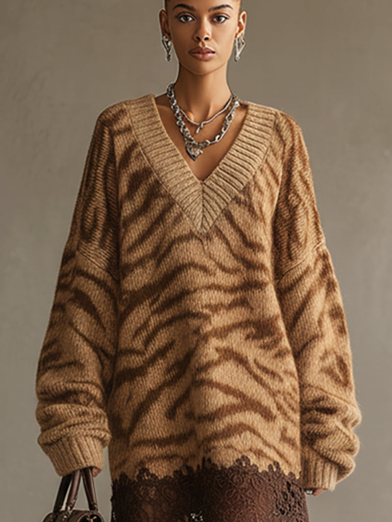 Brown Tiger Print Knit Lace Hem Long Sleeve Mini Dress