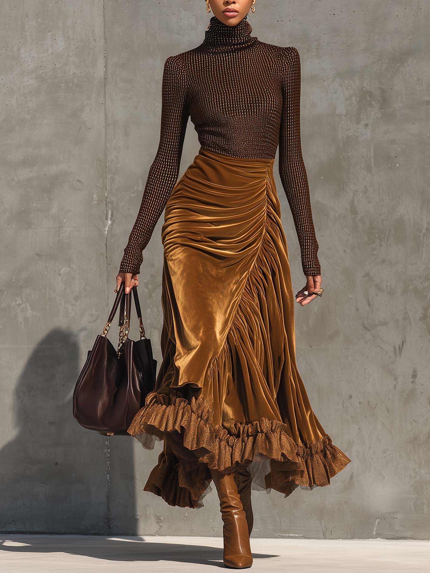 Amber Velvet Midi Dress With Pleats And Ruffles
