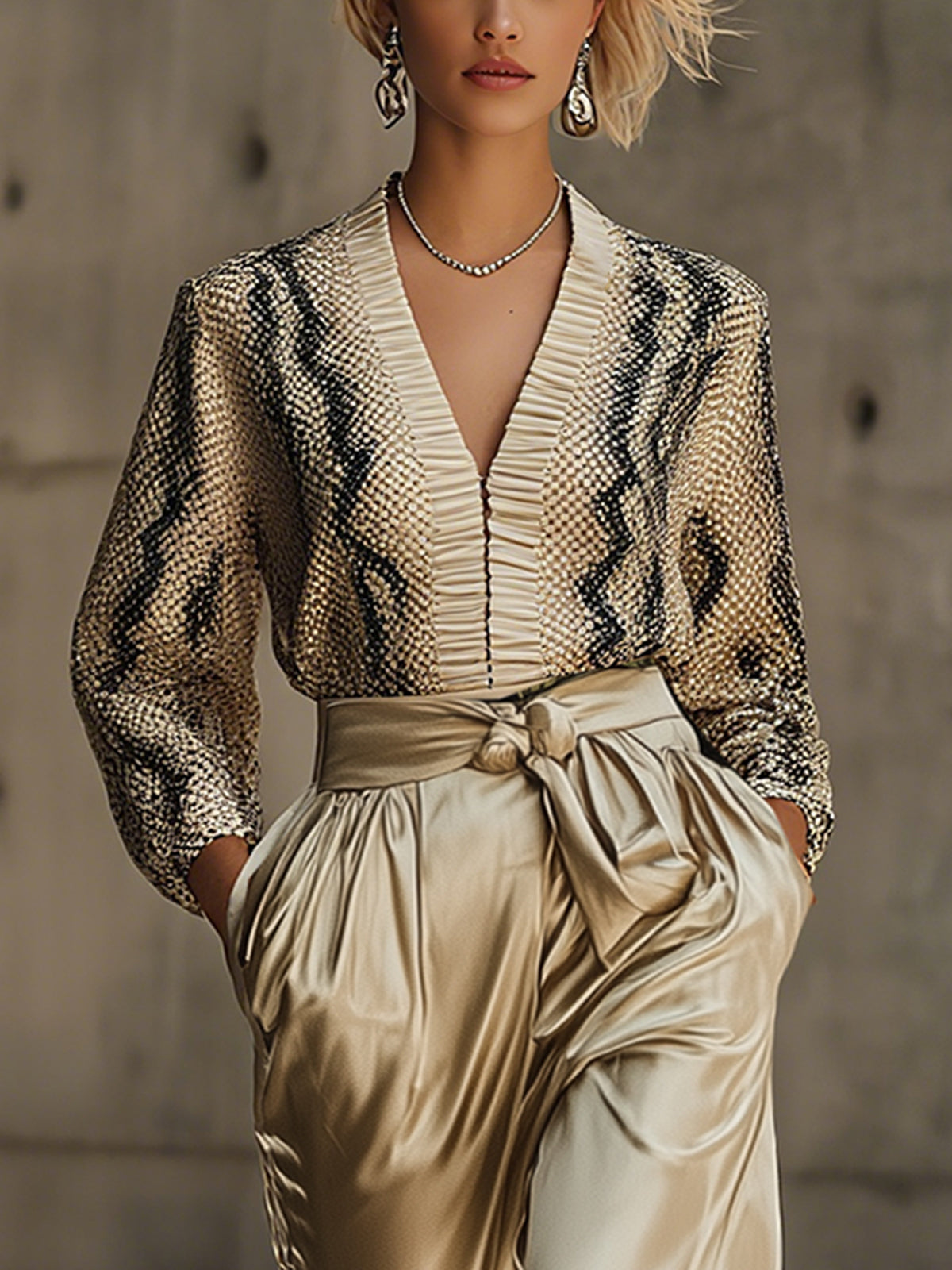 Snakeskin Print Top And Satin Trousers Set