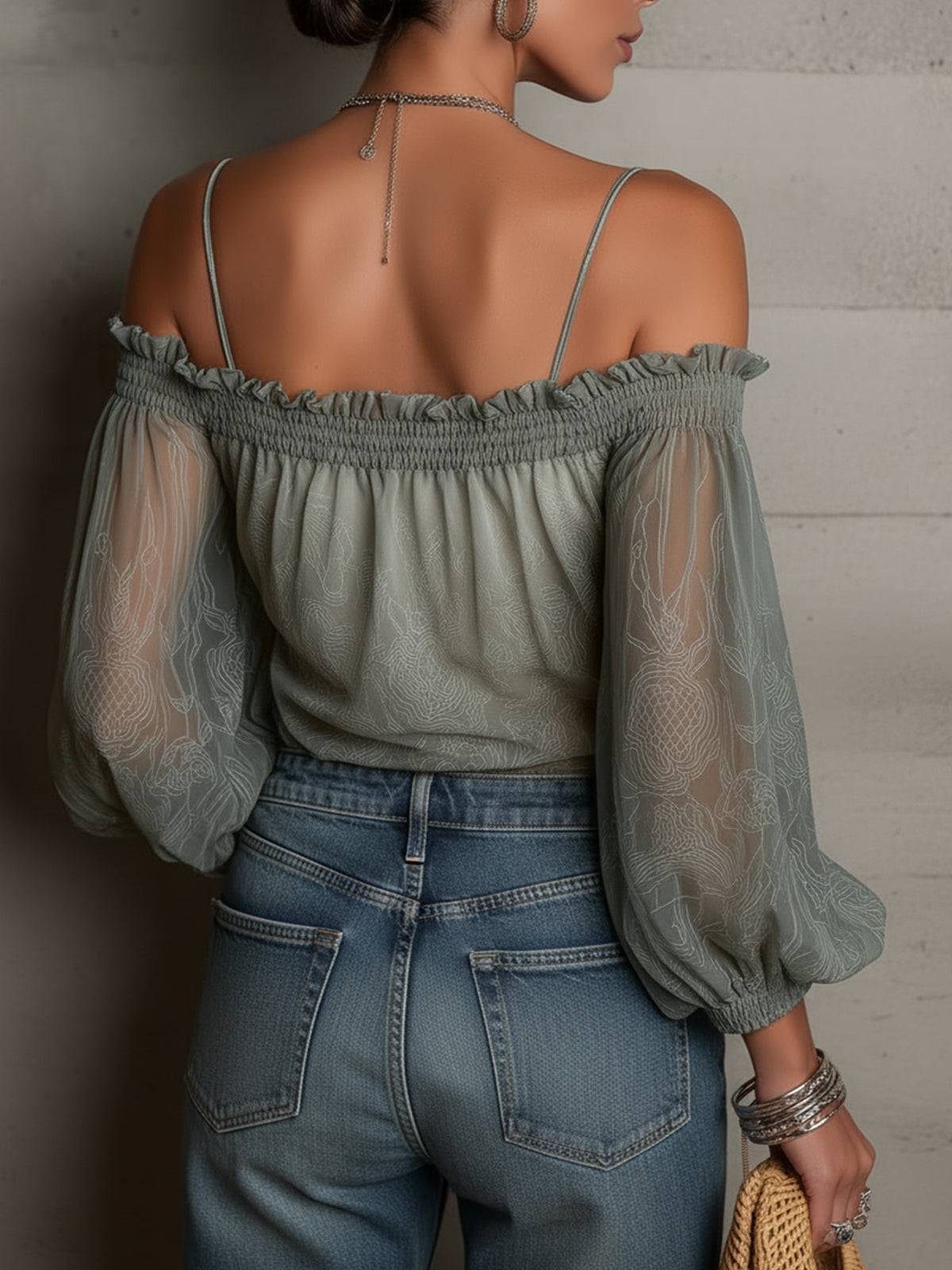 Green Sheer Off-Shoulder Floral Chiffon Blouse