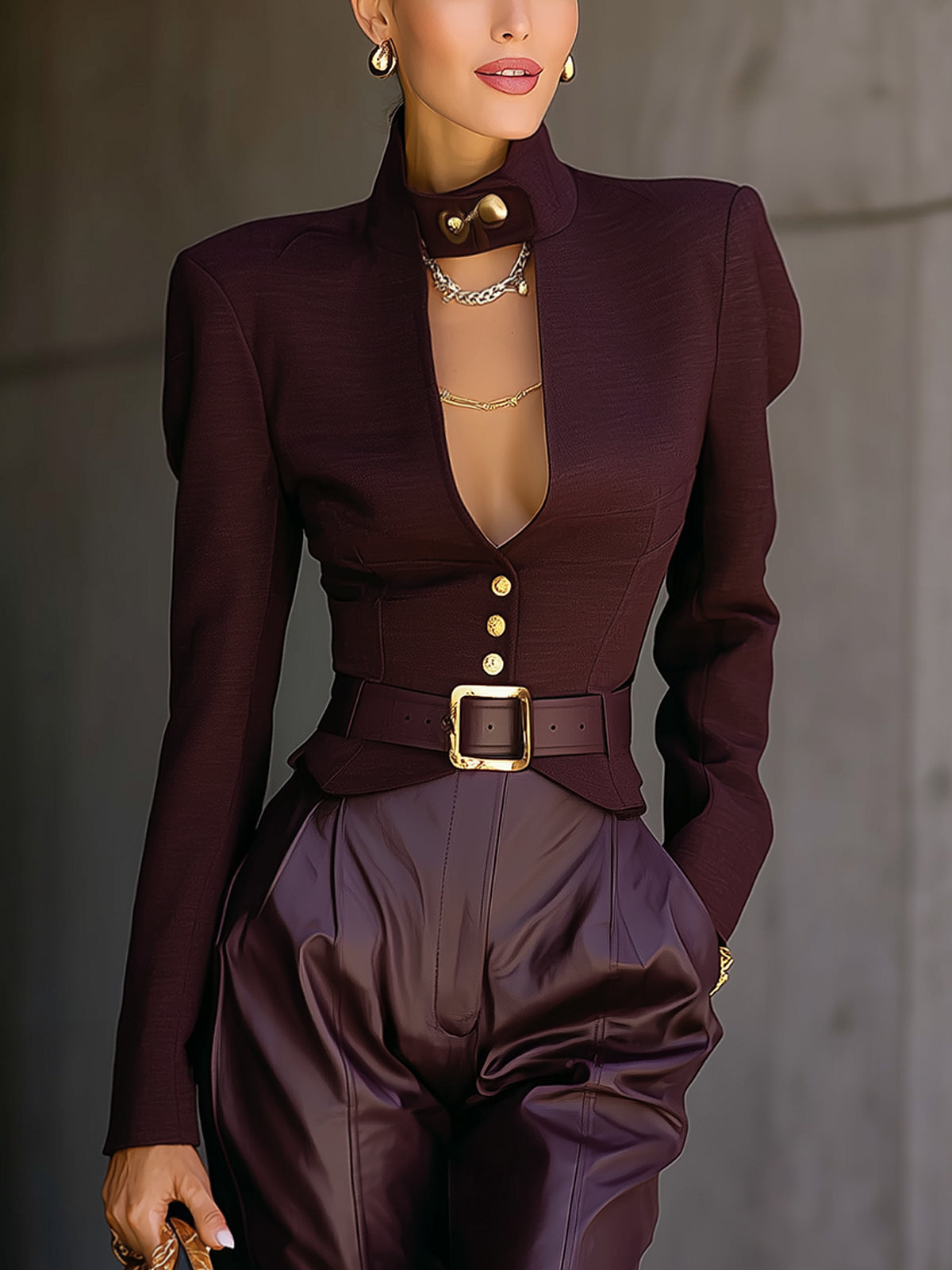 Burgundy Structured Lace Up Blazer With Gold Buckle
