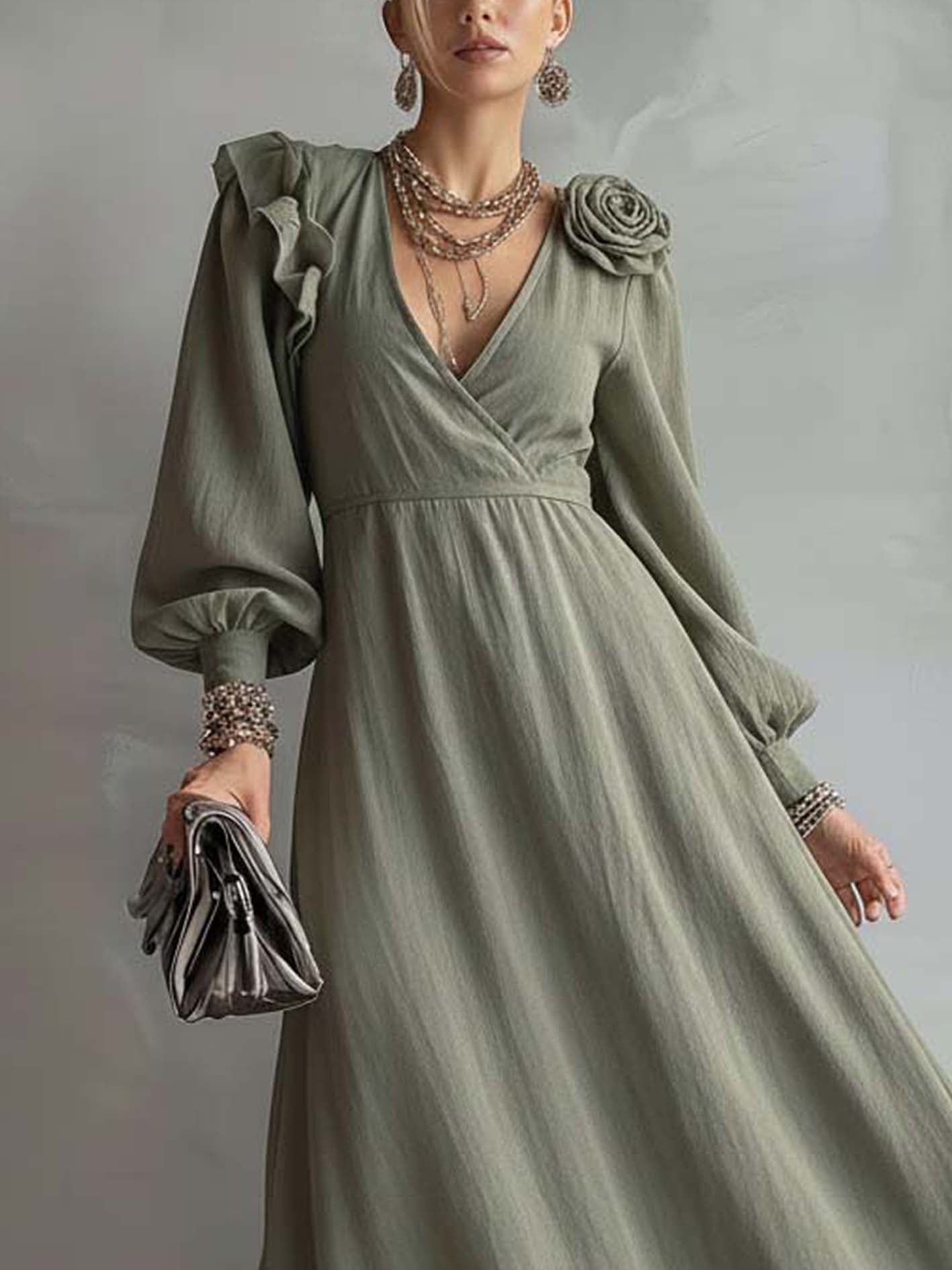 Green Ruffled 3D Flower Trim Faux Linen Maxi Dress With Puff Sleeves