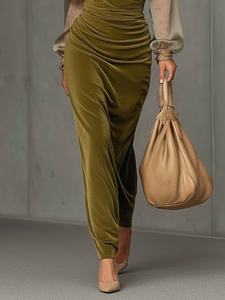 Olive Green Velvet High Neck Bodycon Dress With Chiffon Sleeves