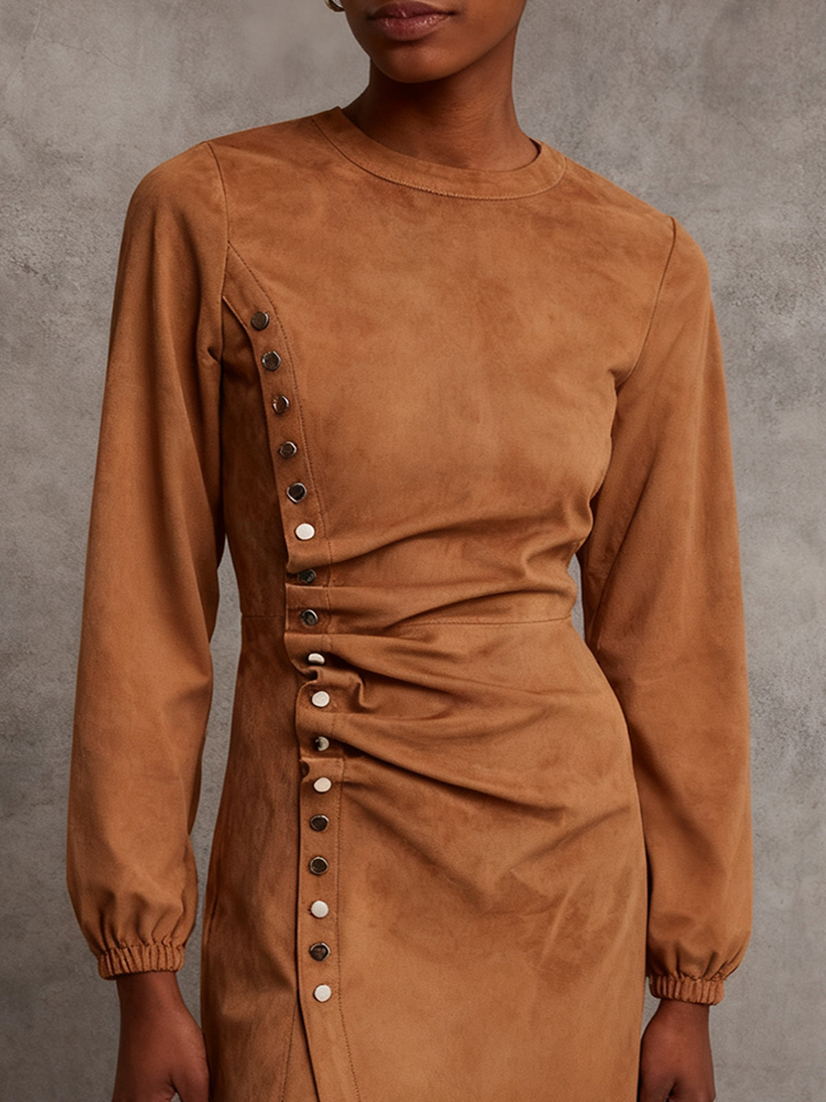 Camel Faux Suede Dress With Side Snap Detail