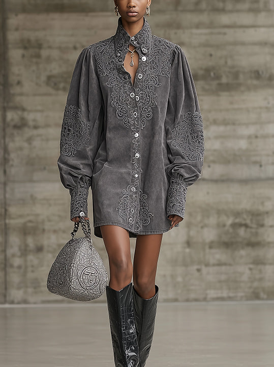 Gray Embroidered Faux Suede Mini Dress
