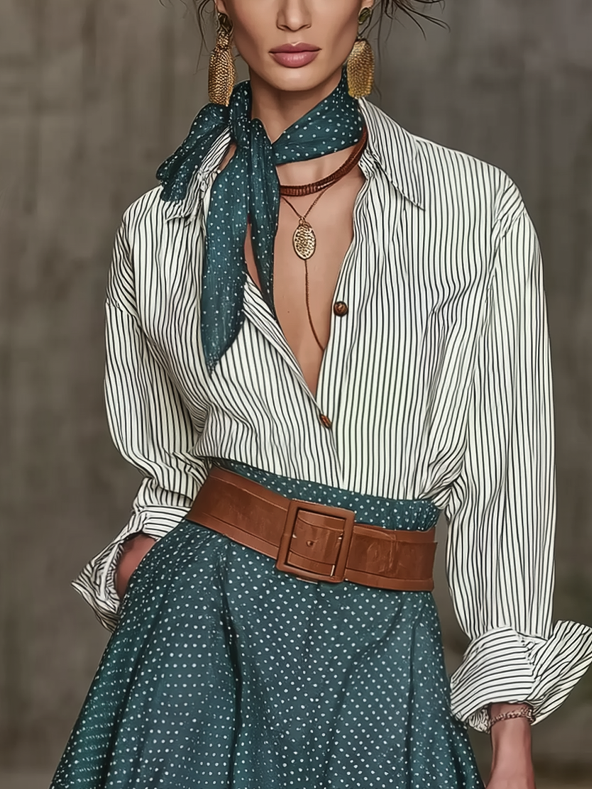 Green Woven Striped And Polka Dot Skirt Set With Belt