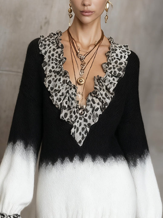 Black And White Knit Mini Dress With Leopard Ruffle Trim