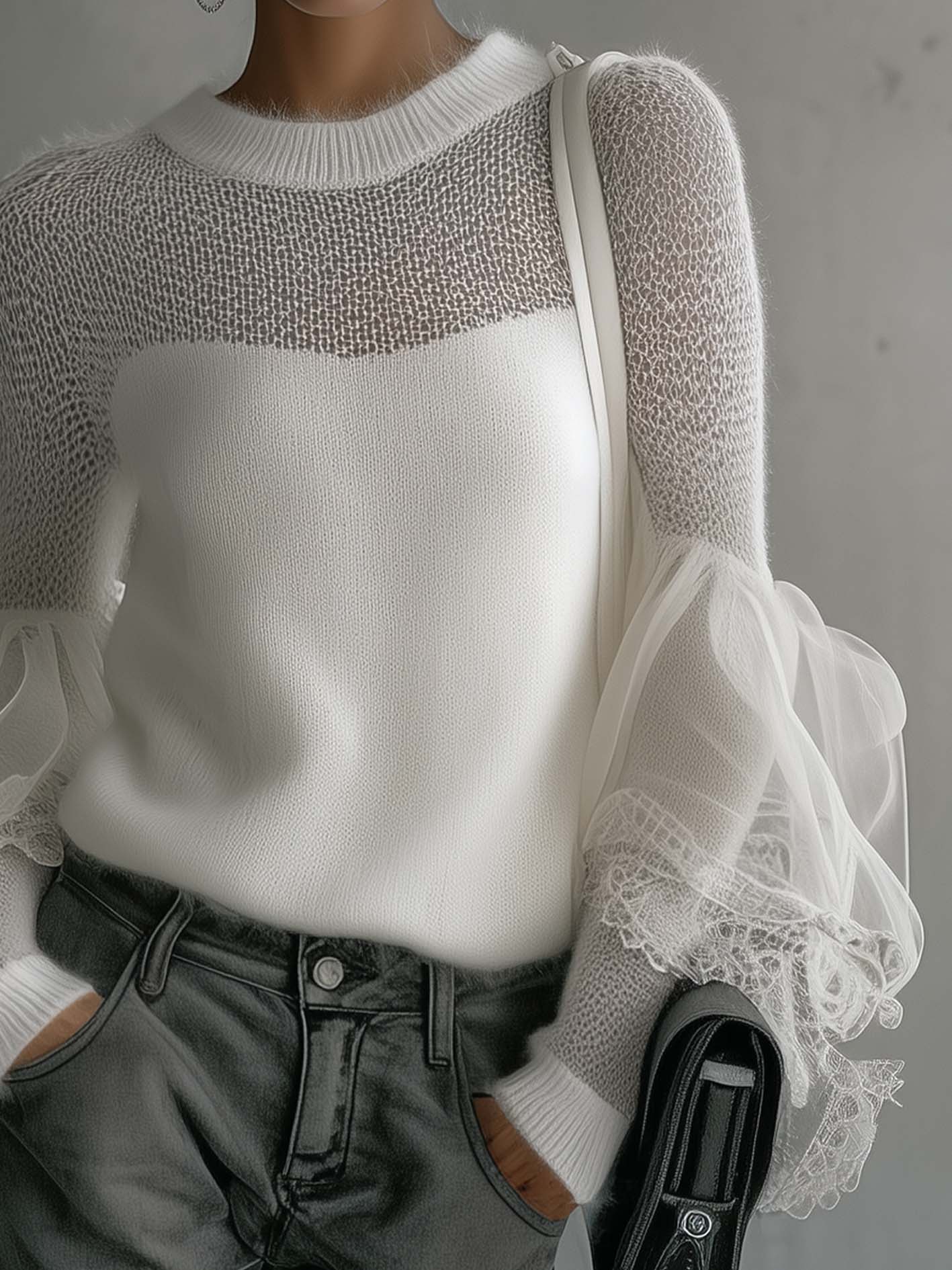 White Sheer Mesh Patchwork Sweater