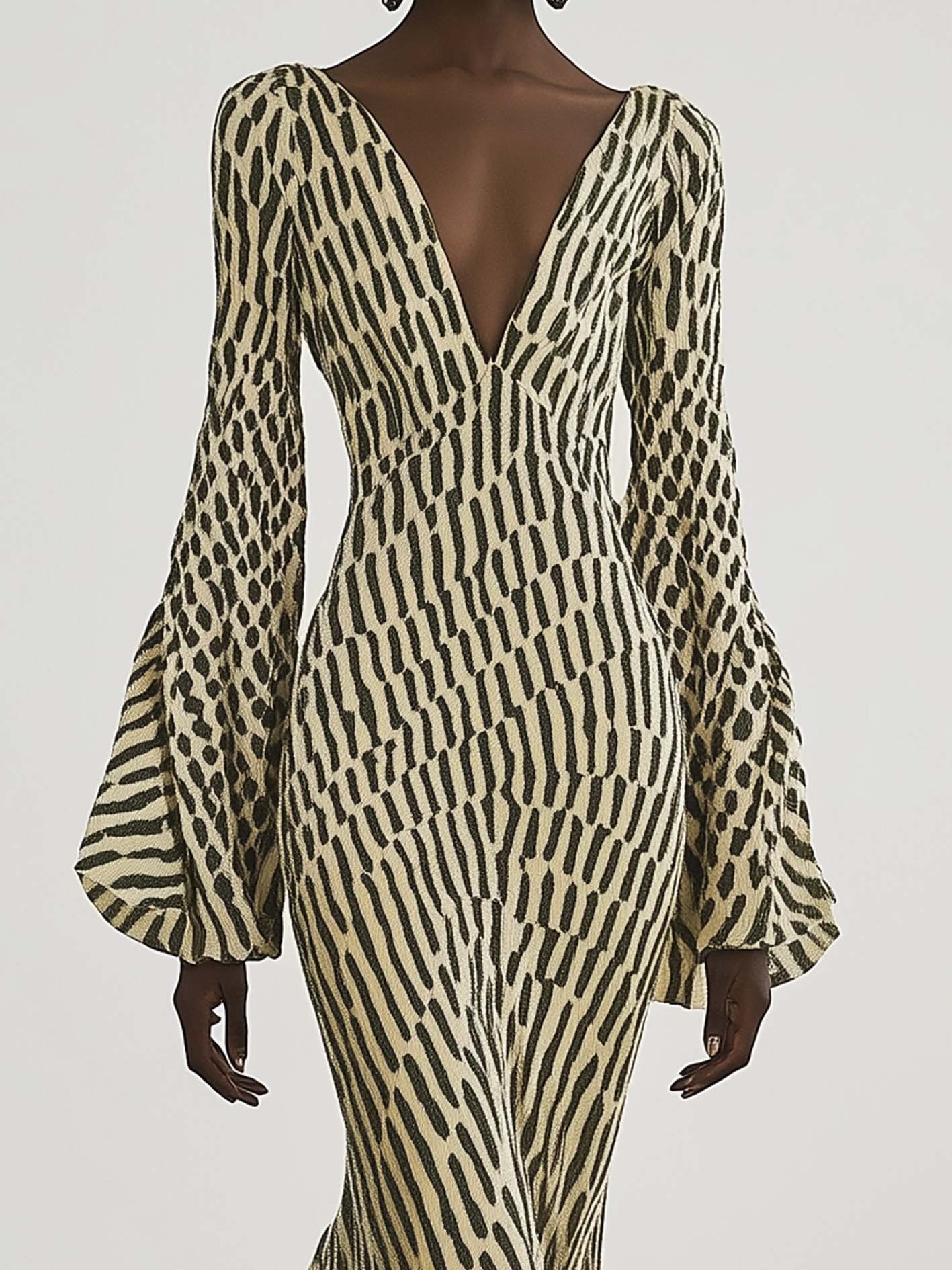 Beige Maxi Dress With Dark Green Print