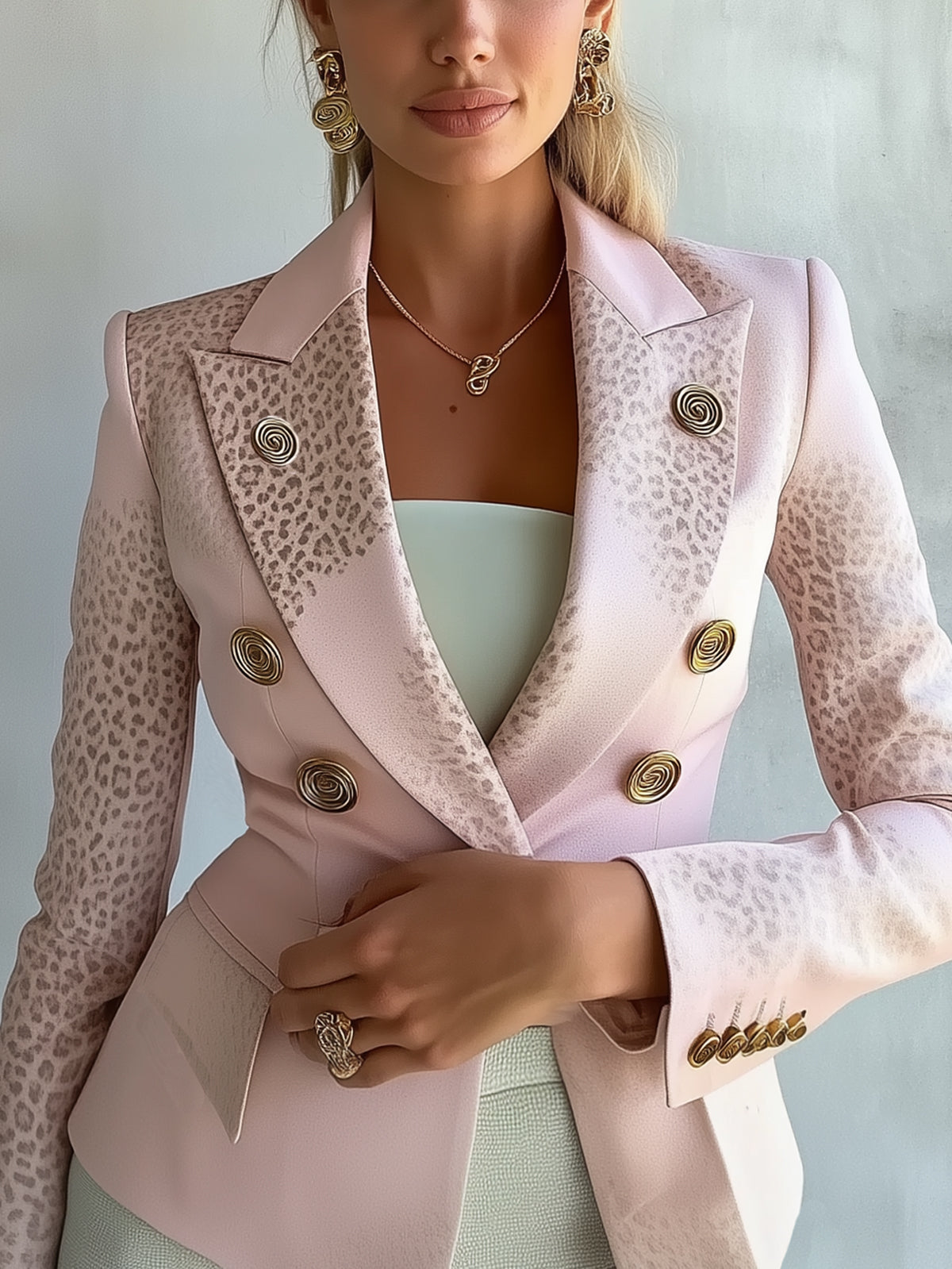 Pink Leopard Print Trim Double Breasted Blazer
