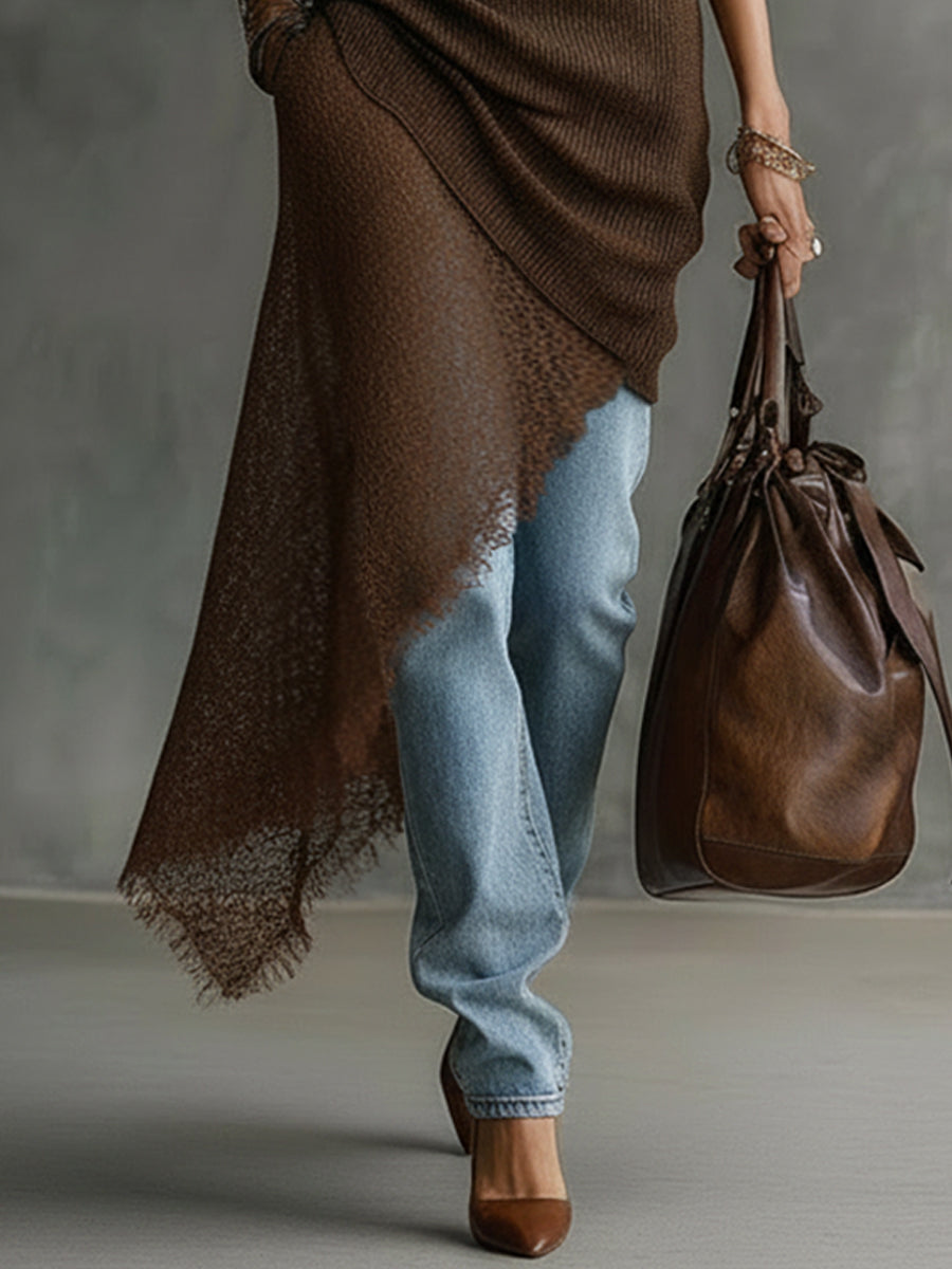 Coffee Beaded Sleeveless Turtleneck Knit Dress With Asymmetric Hem