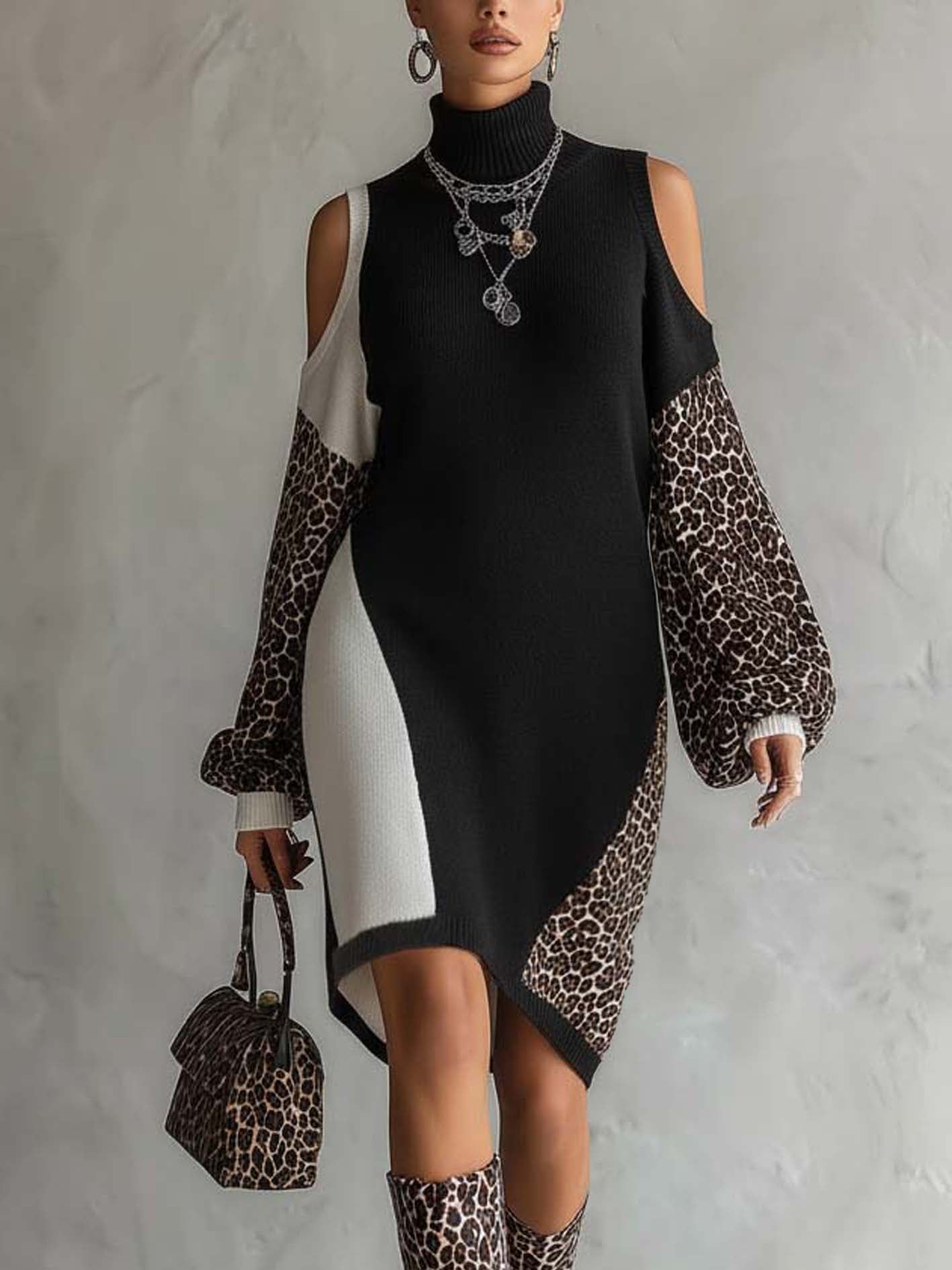 Black Leopard Patchwork Cold Shoulder Knit Midi Dress