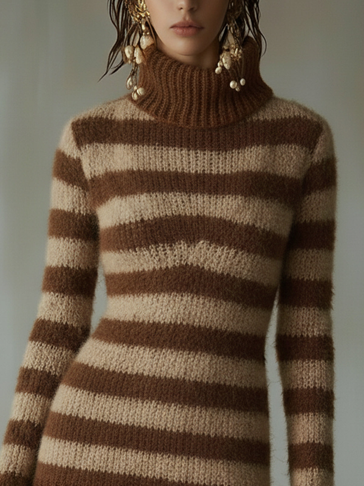 Brown Striped Knit Dress With Lace Ruffle Details