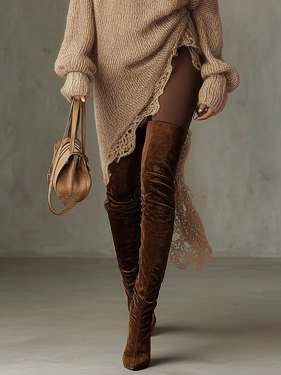 Light Camel Knit Sweater With Asymmetrical Lace Hem