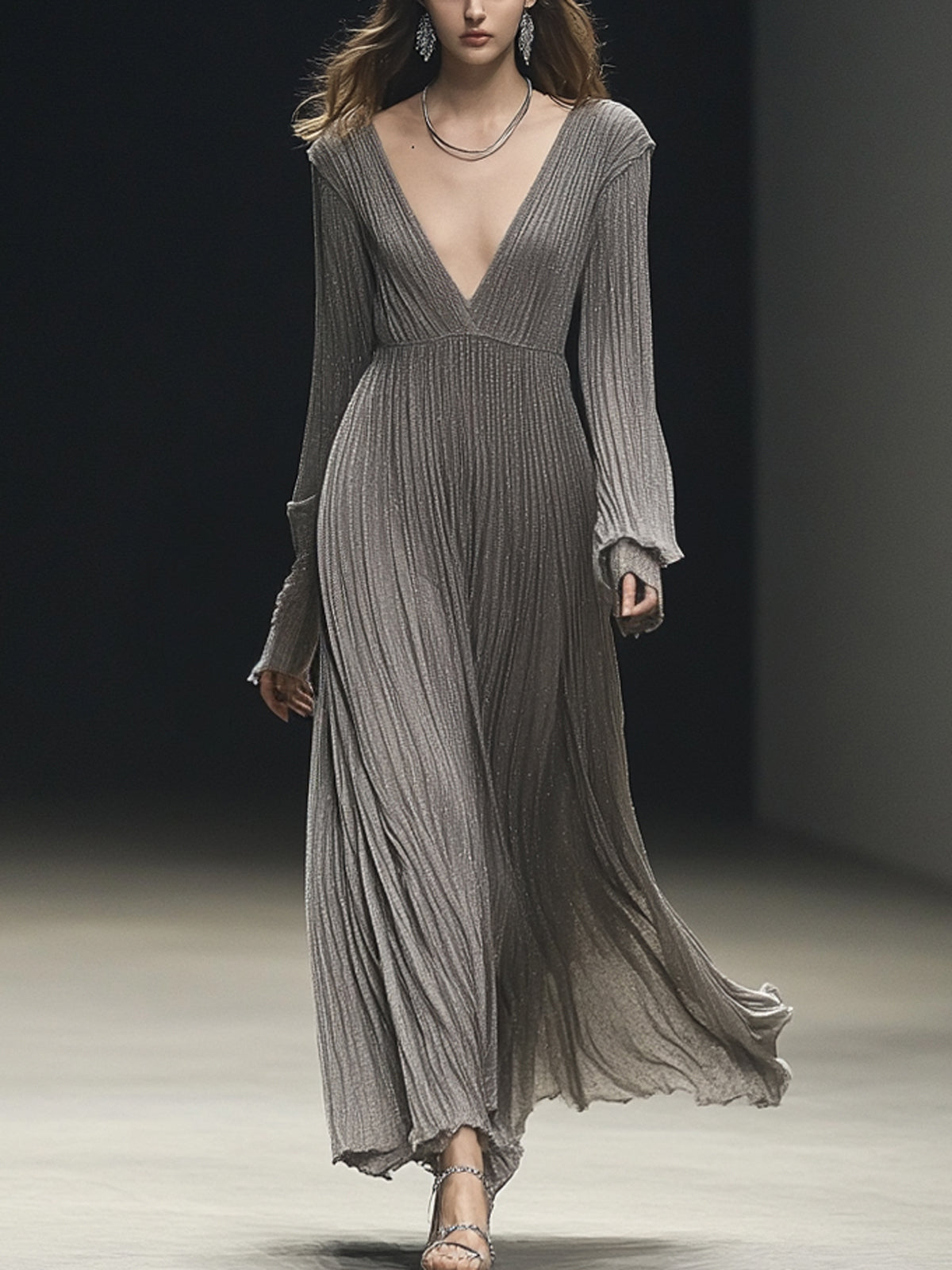 Grey Sequin Ribbed Flowing Deep V Neck Long Sleeve Maxi Dress