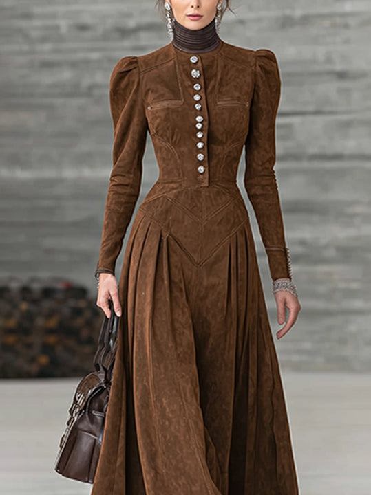 Brown Faux Suede Maxi Dress With High Neck And Structured Silhouette
