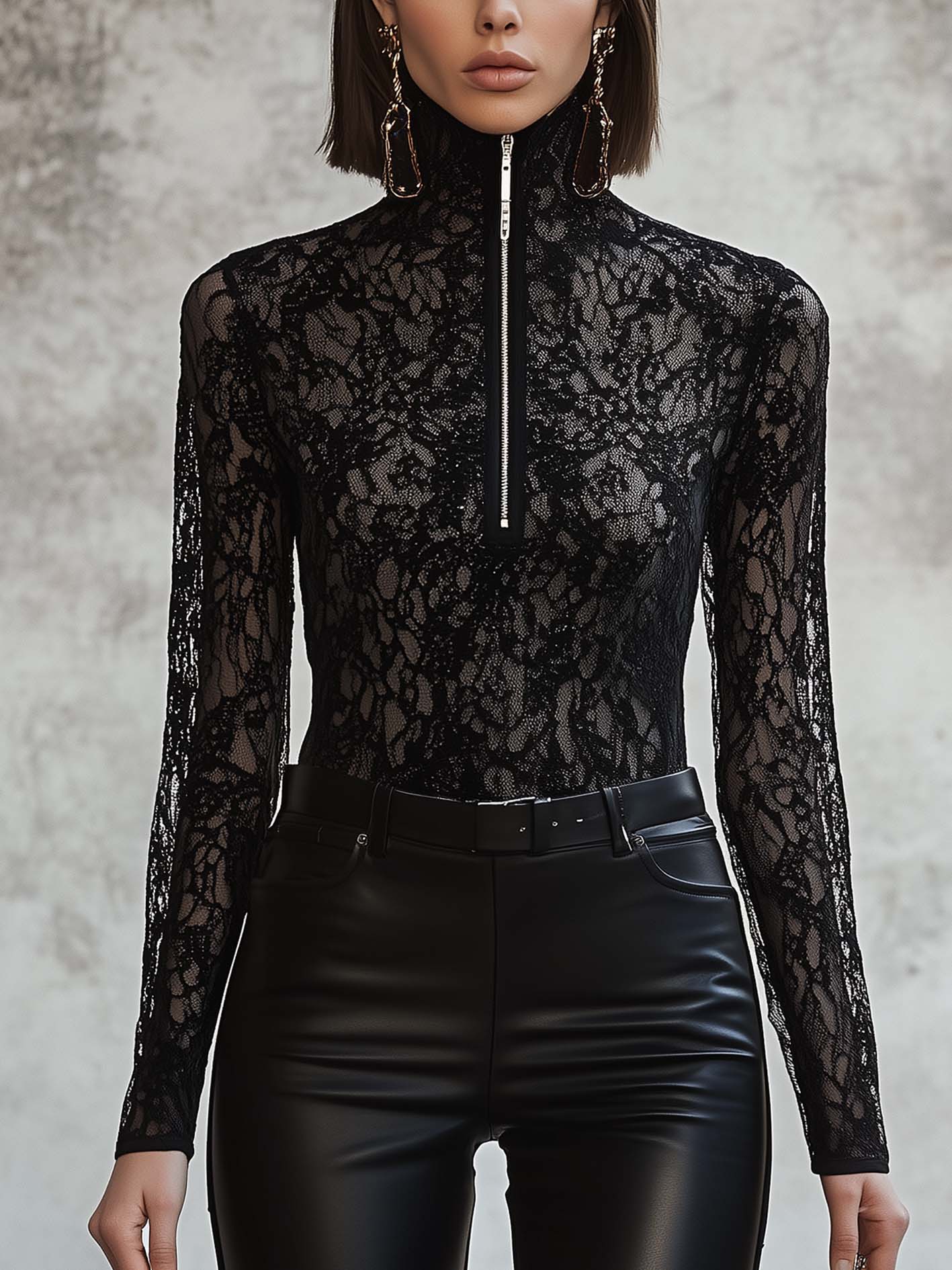 Elegant Black Lace T-shirt With Zipper Neckline