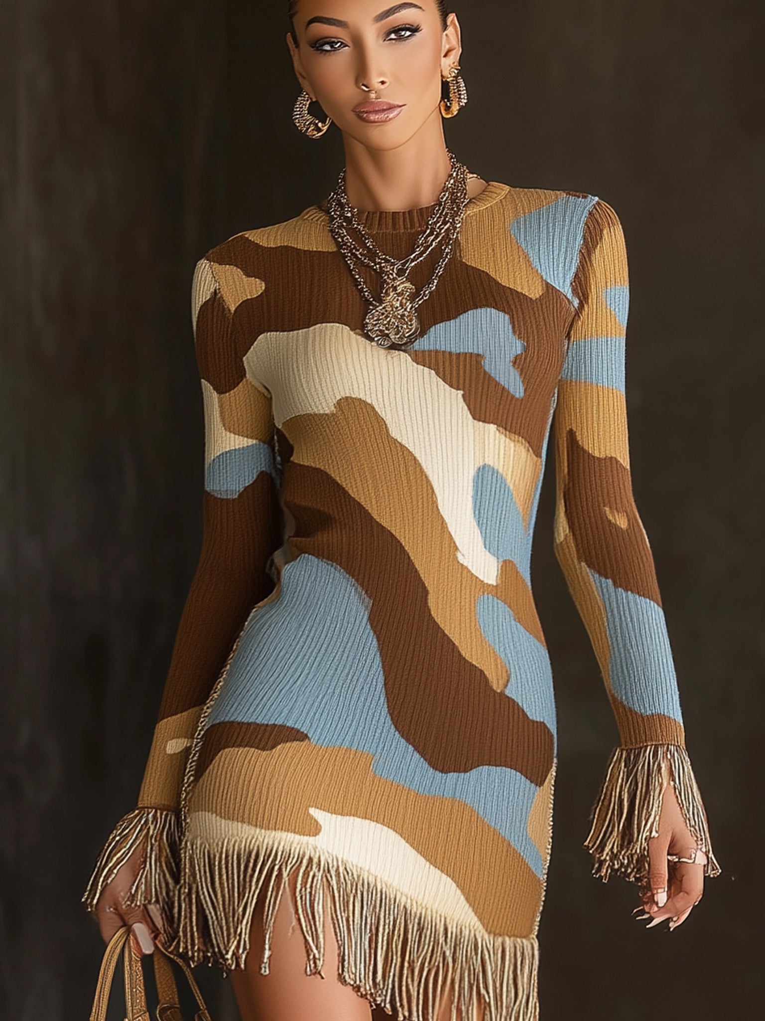 Colorful Camouflage Knit Fringe Long Sleeve Mini Dress