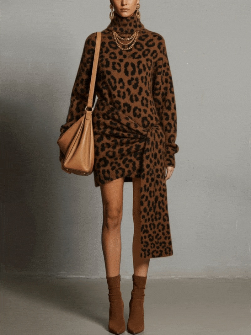 Brown Leopard Print Turtleneck Sweater Dress With Wrap Detail